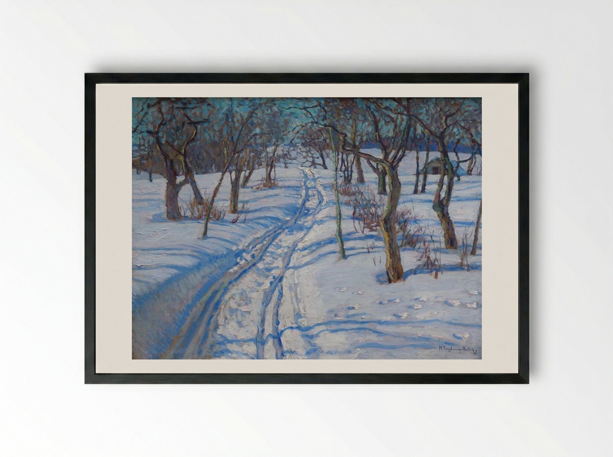Road in a Winter Garden - Nikolay Bogdanov-Belsky - Framed Print Black
