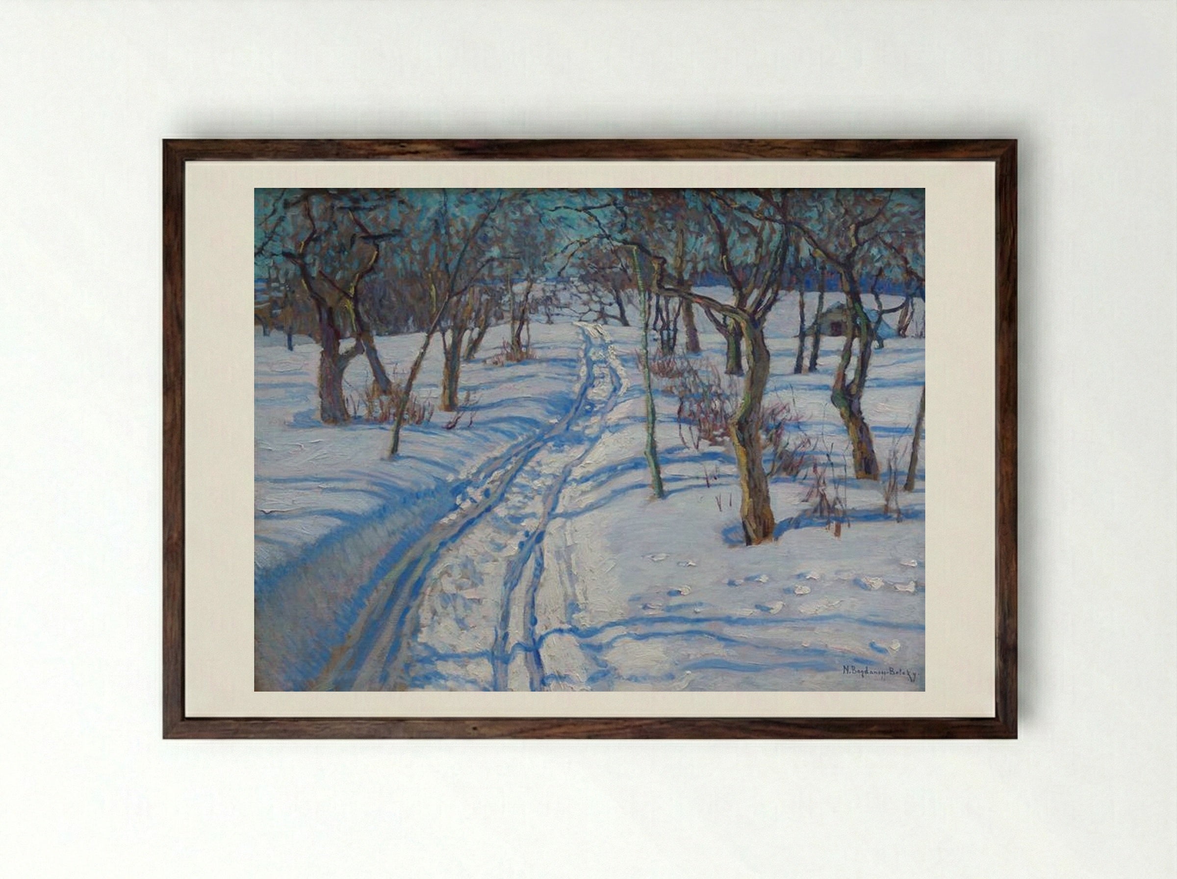 Road in a Winter Garden - Nikolay Bogdanov-Belsky - Framed Print Dark Wood
