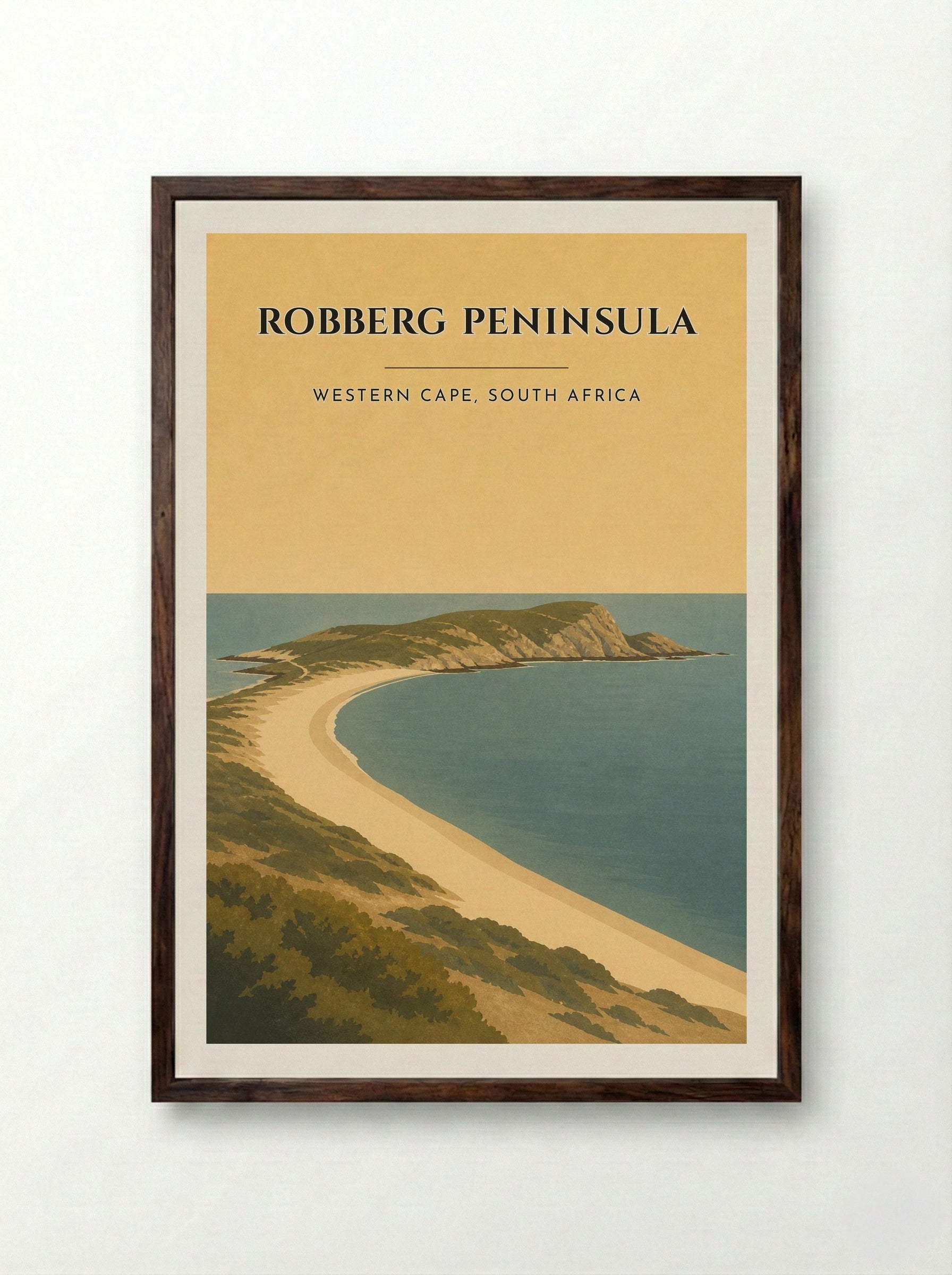 Robberg Peninsula Travel Poster Artwork - Framed Print Dark Wood