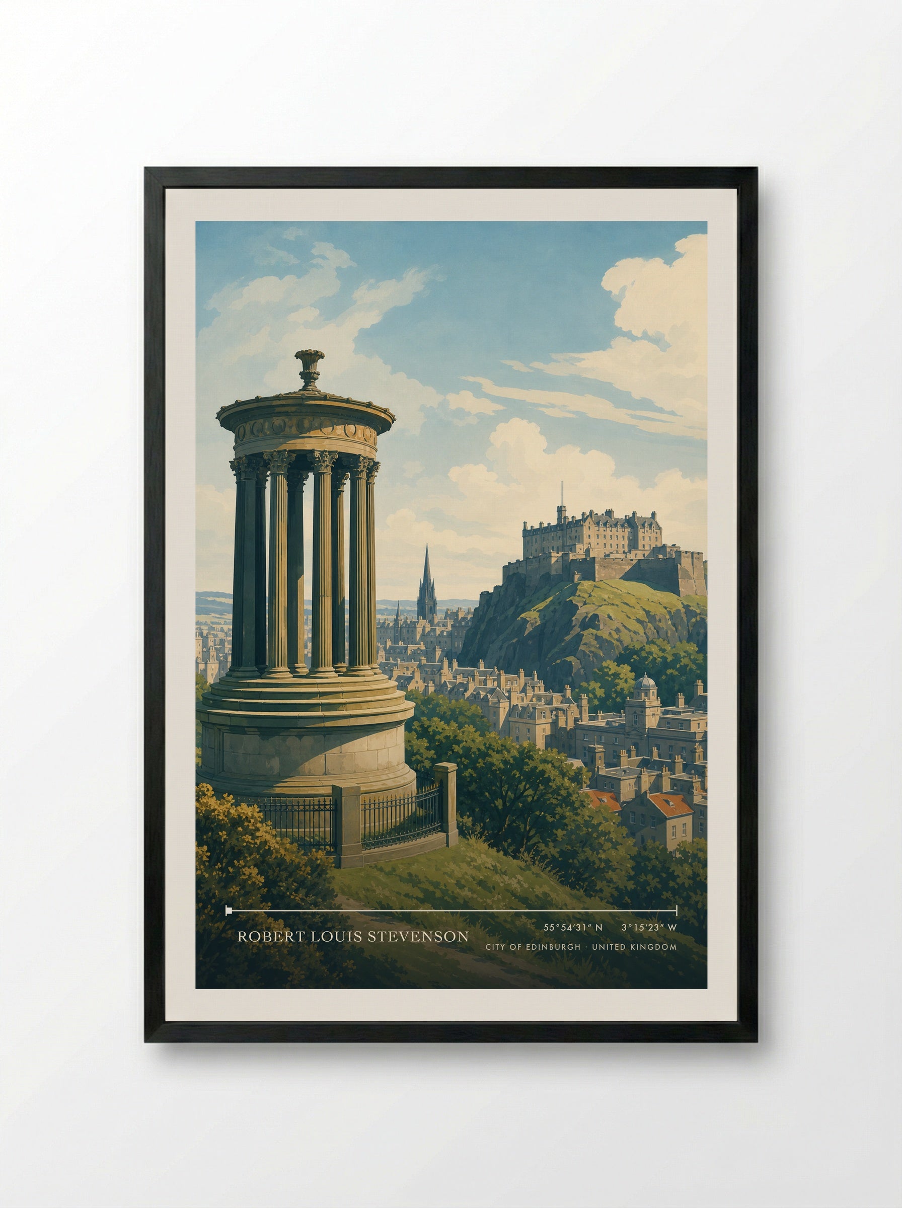 Robert Louis Stevenson City of Edinburgh United Kingdom Travel Poster - Framed Print Black