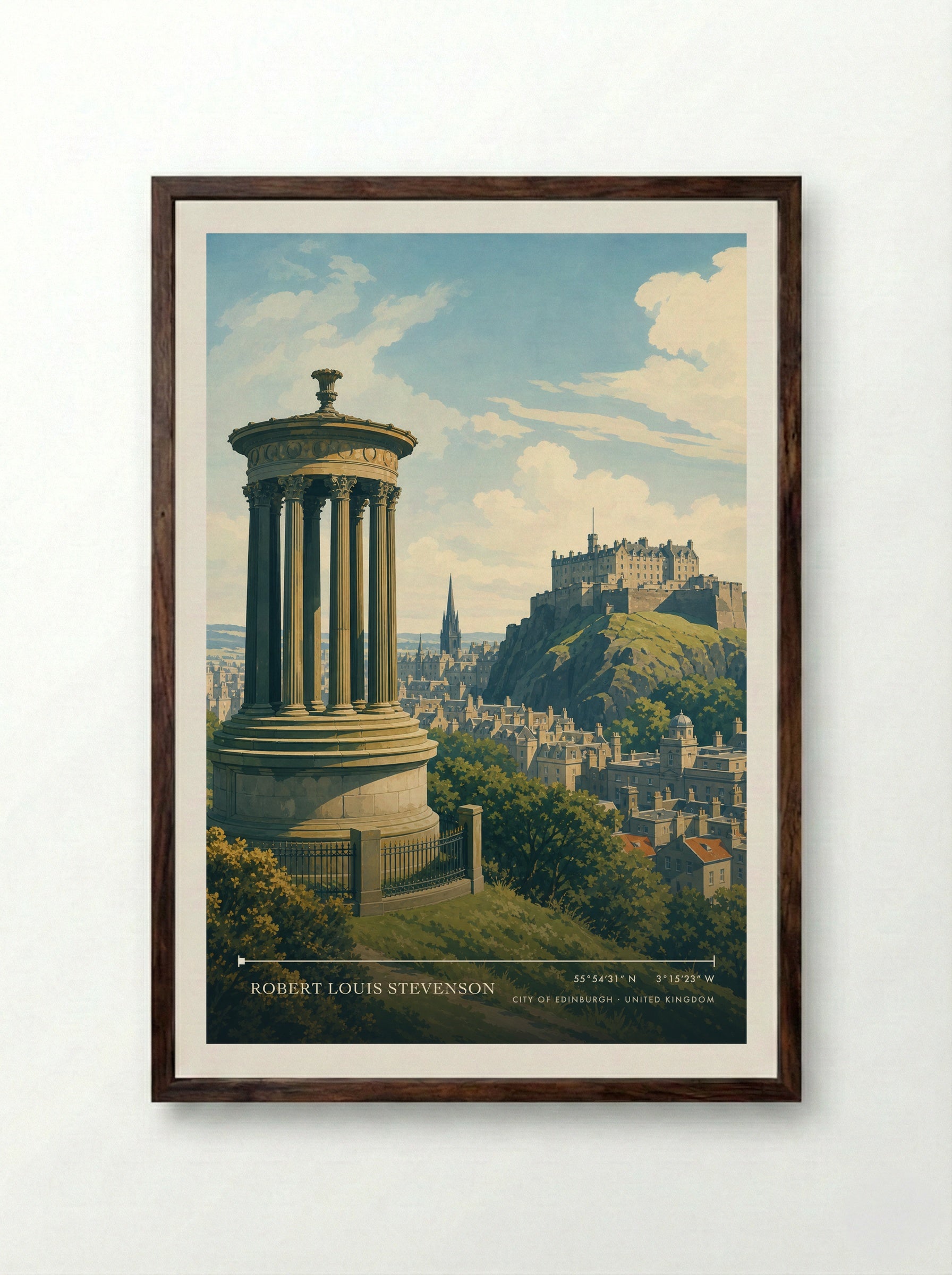 Robert Louis Stevenson City of Edinburgh United Kingdom Travel Poster - Framed Print Dark Wood