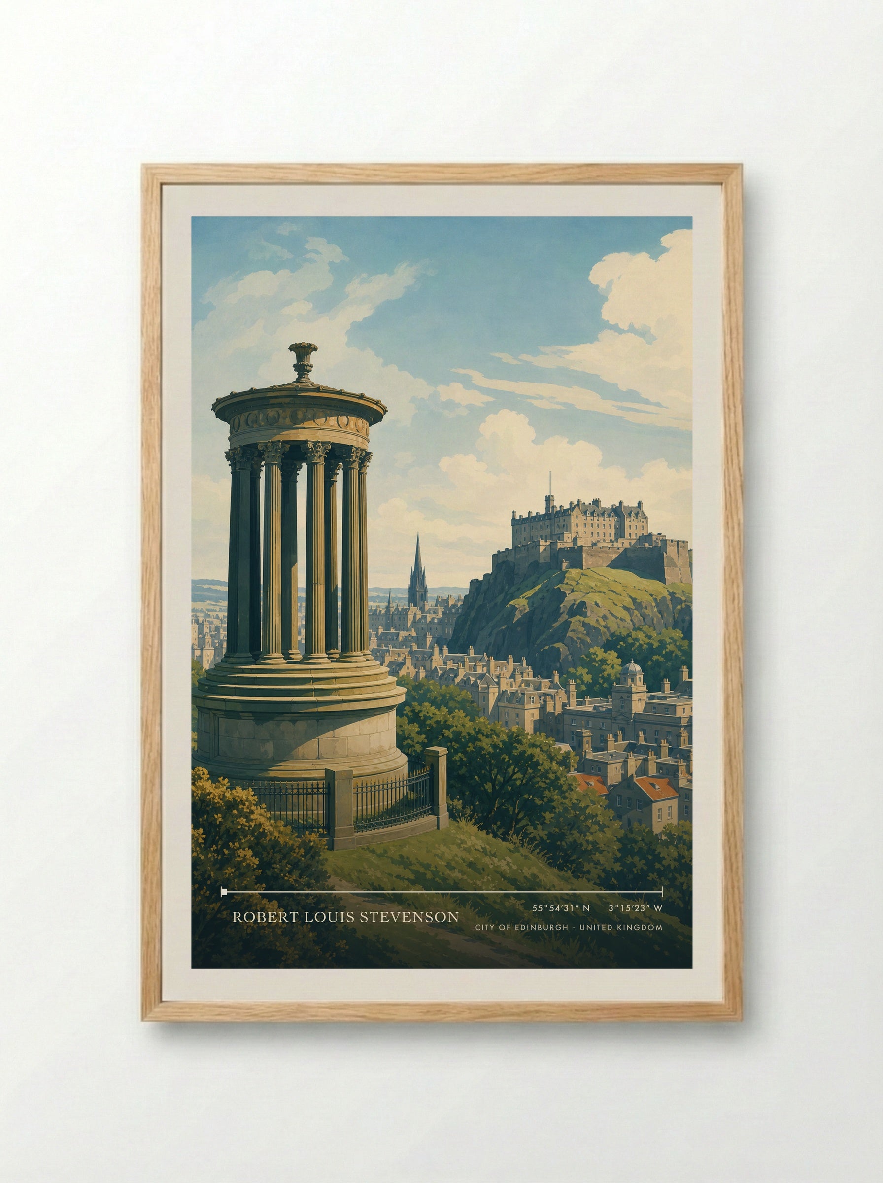 Robert Louis Stevenson City of Edinburgh United Kingdom Travel Poster - Framed Print Wood