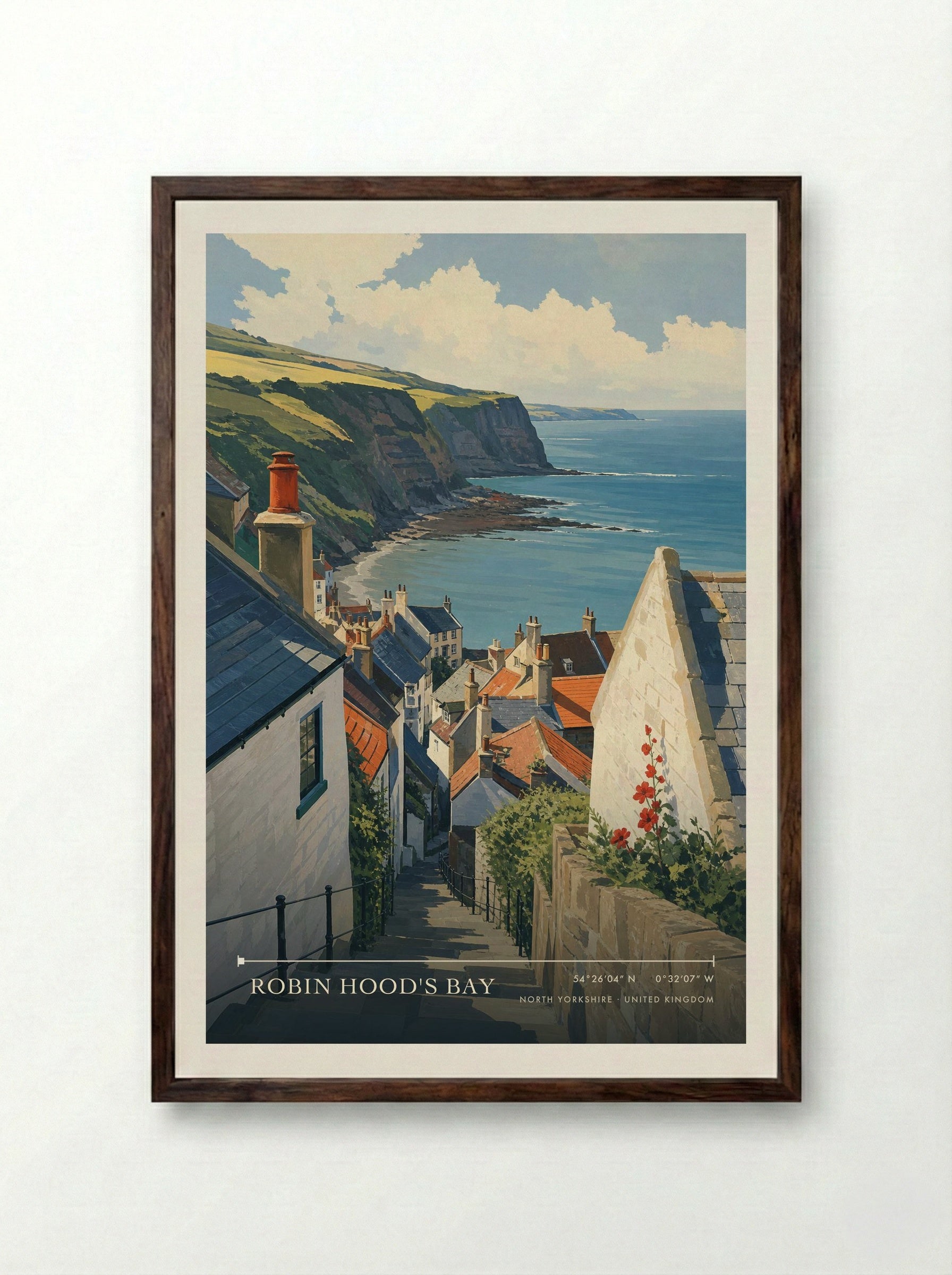 Robin Hood's Bay North Yorkshire United Kingdom Travel Poster - Framed Print Dark Wood