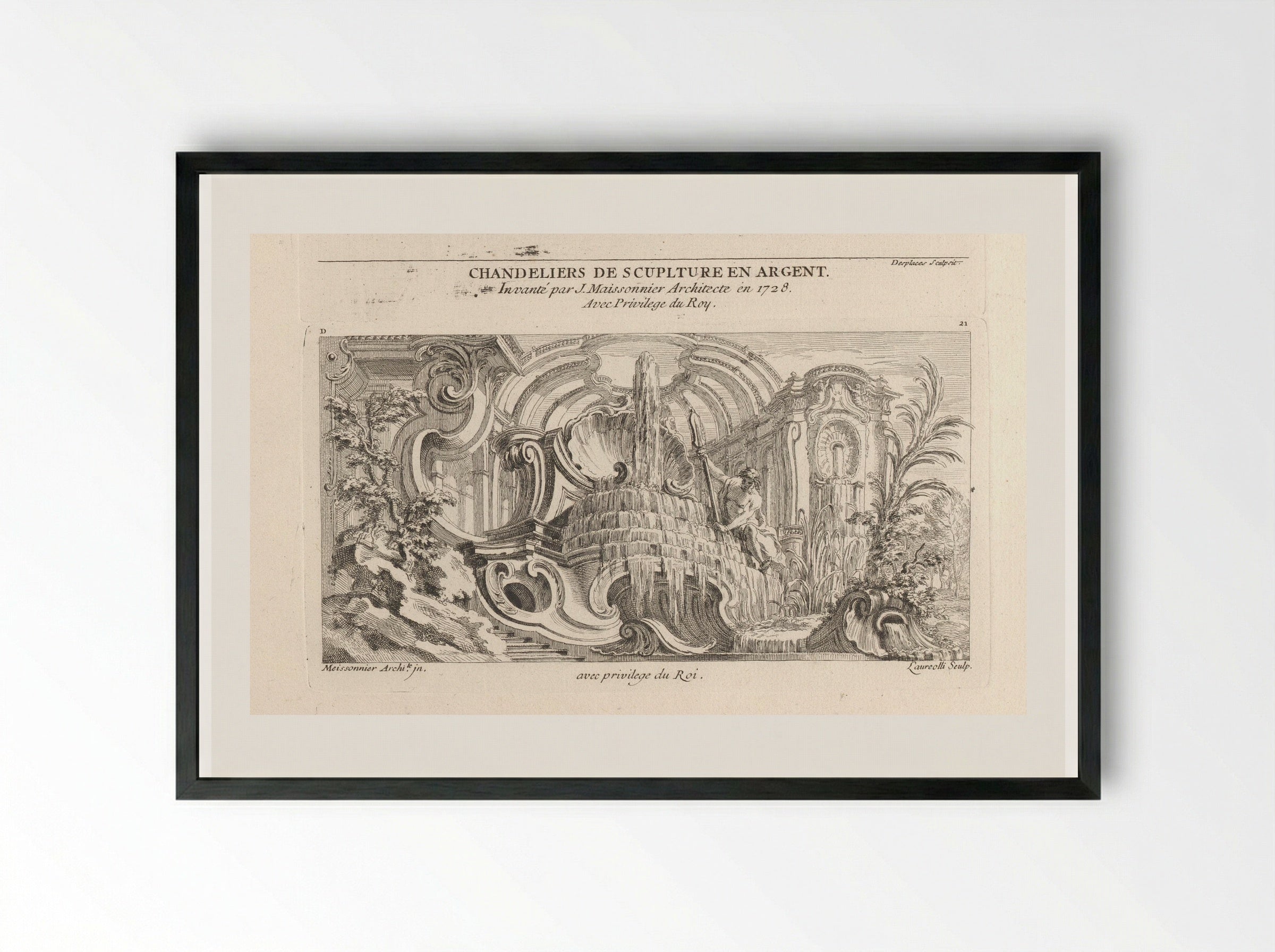 Rocaille Fountain with River God - Gabriel Huquier - Framed Print Black