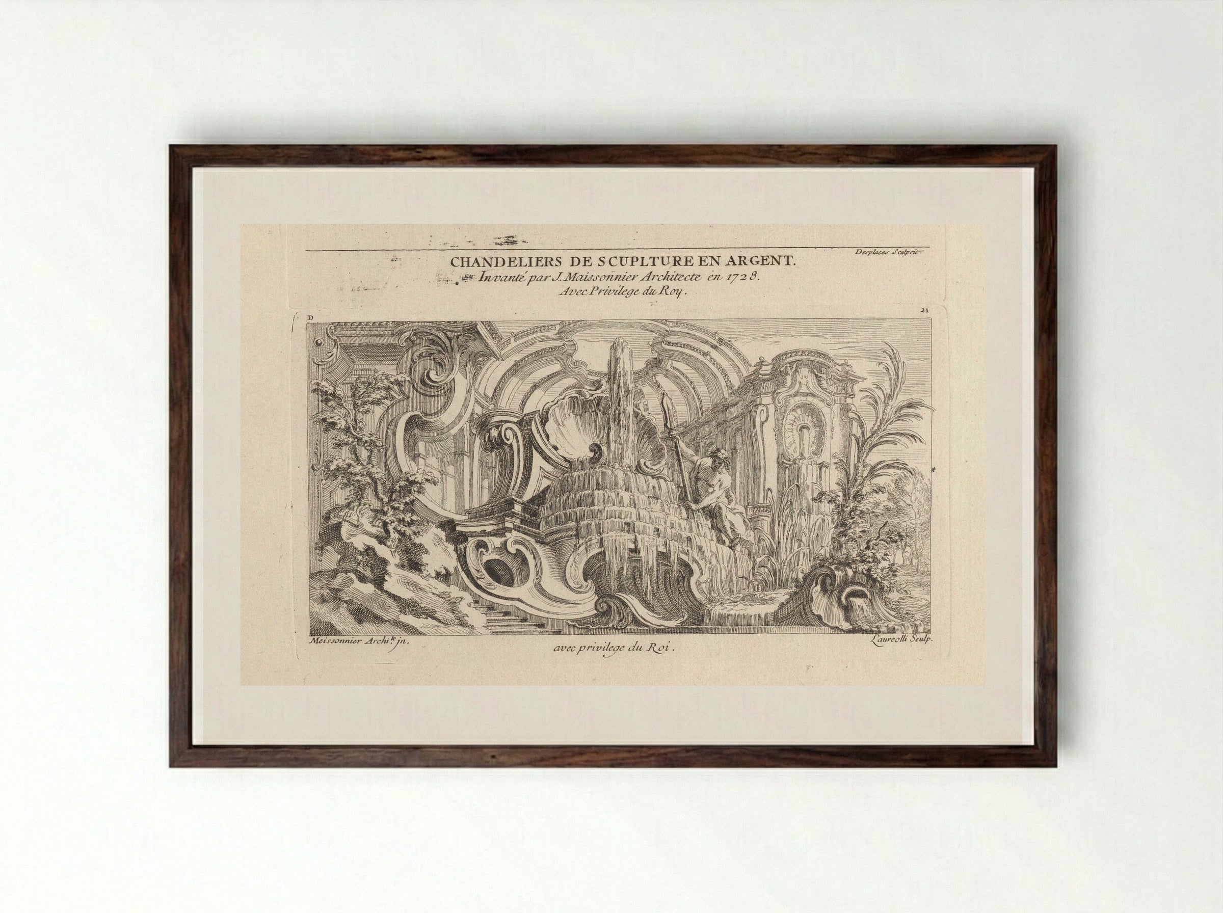 Rocaille Fountain with River God - Gabriel Huquier - Framed Print Dark Wood