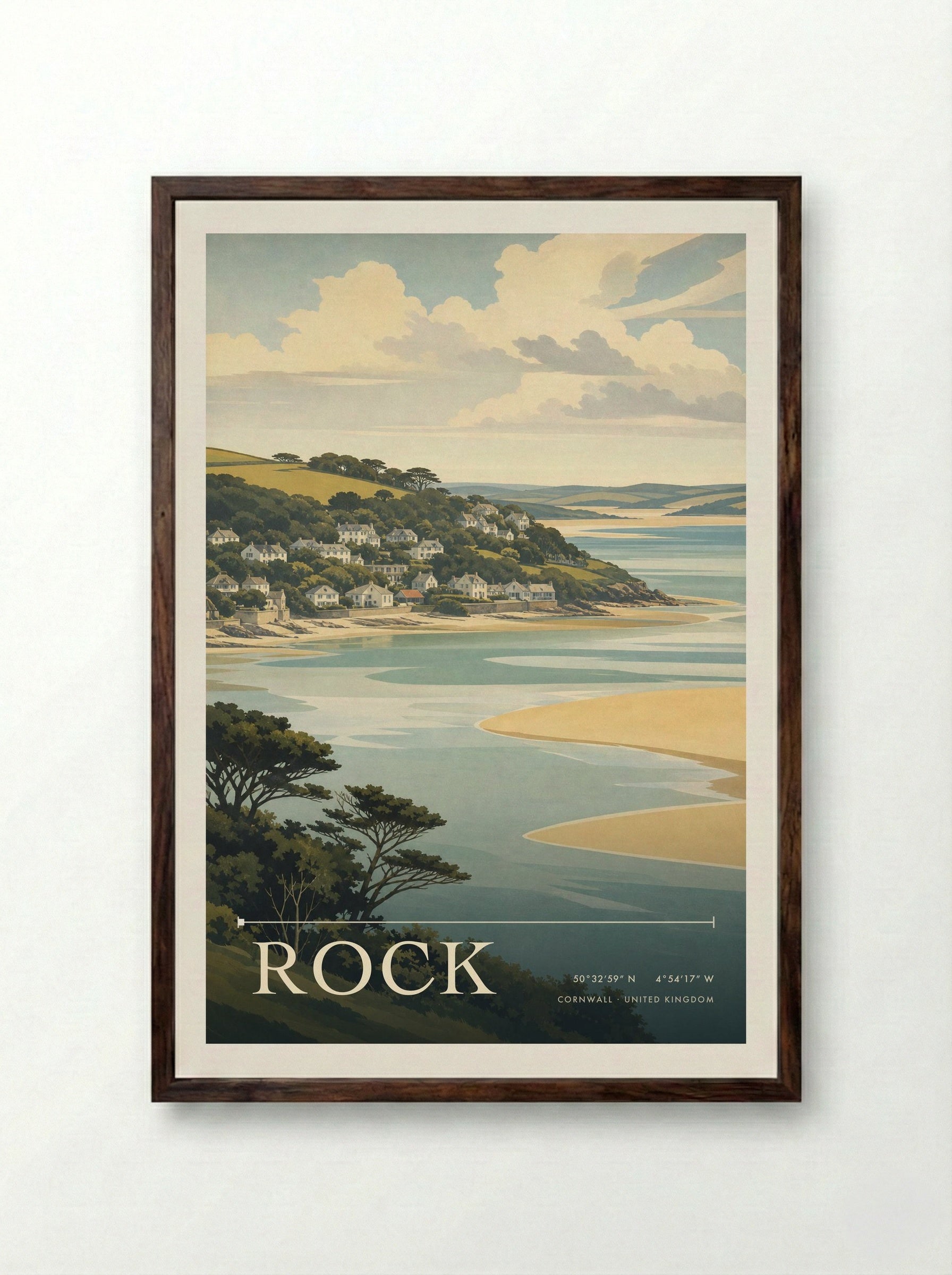 Rock Cornwall United Kingdom Travel Poster - Framed Print Dark Wood
