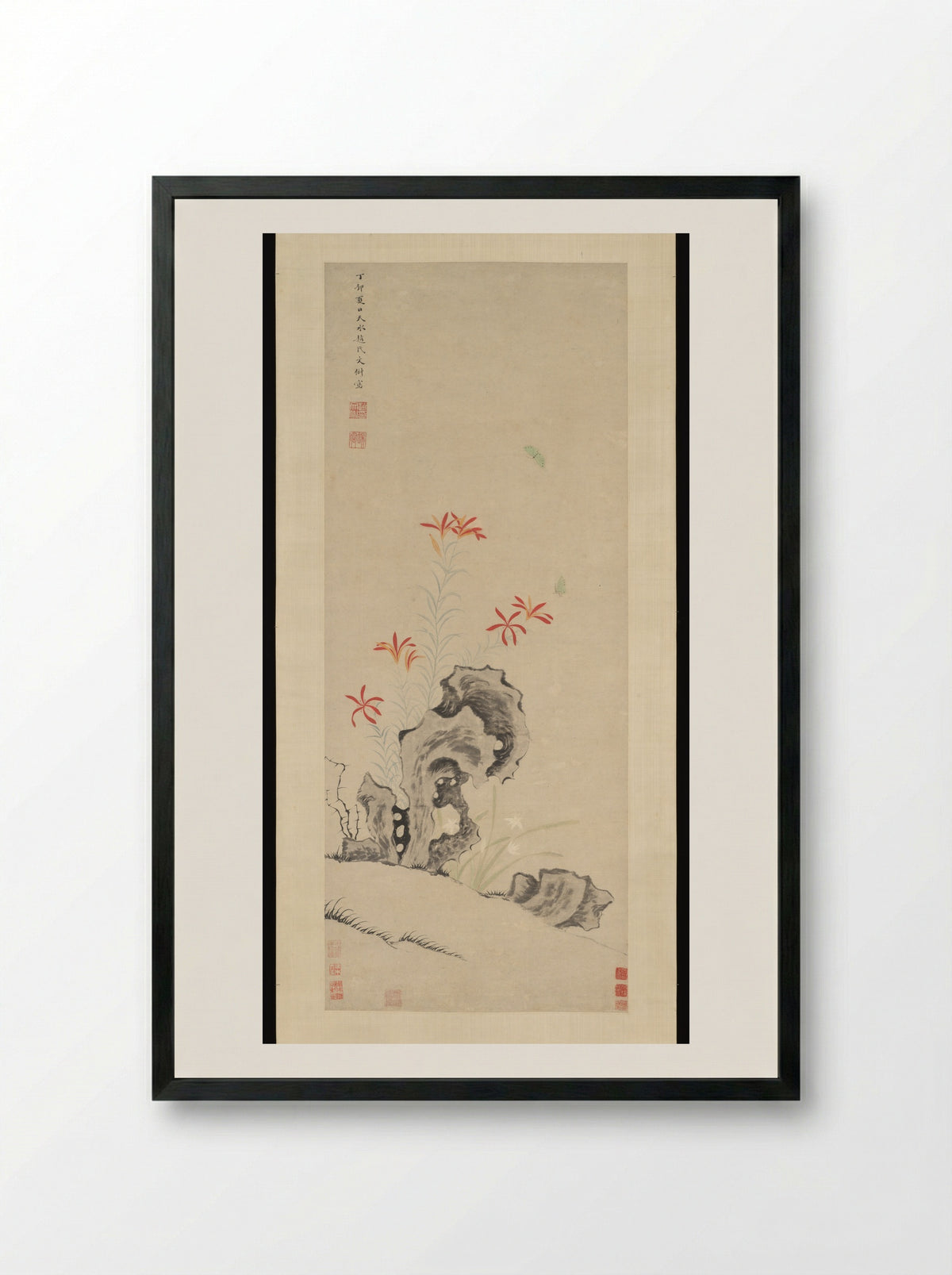 Rock, Tiger Lily and Orchid - Fine Art Print - Framed Print Black