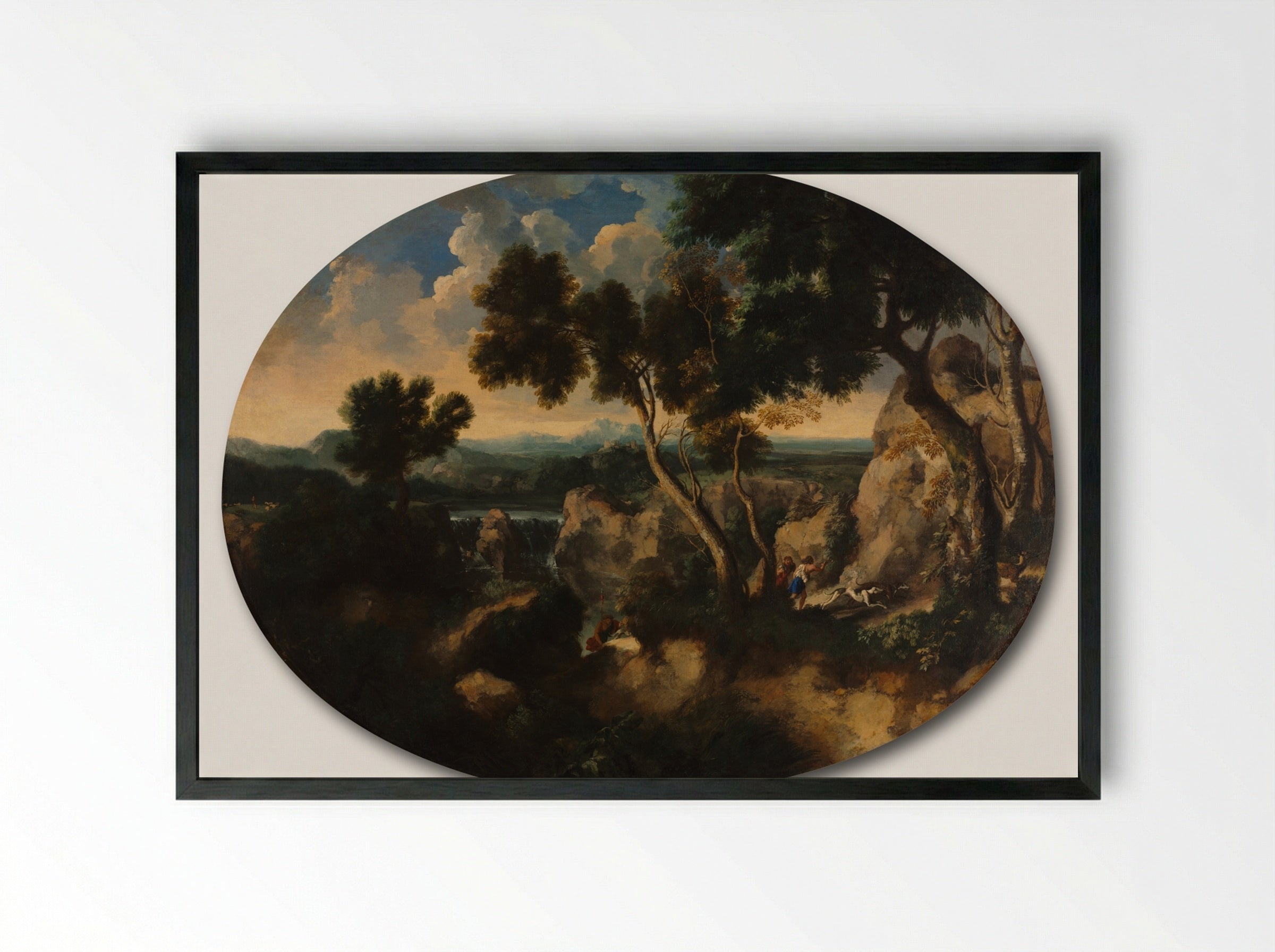 Rocky Landscape with Hunters - Gaspard Dughet - Framed Print Black