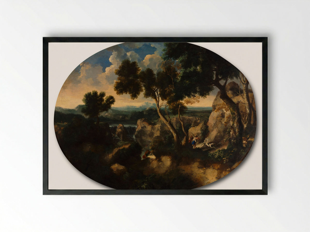 Rocky Landscape with Hunters - Gaspard Dughet - Framed Print Black
