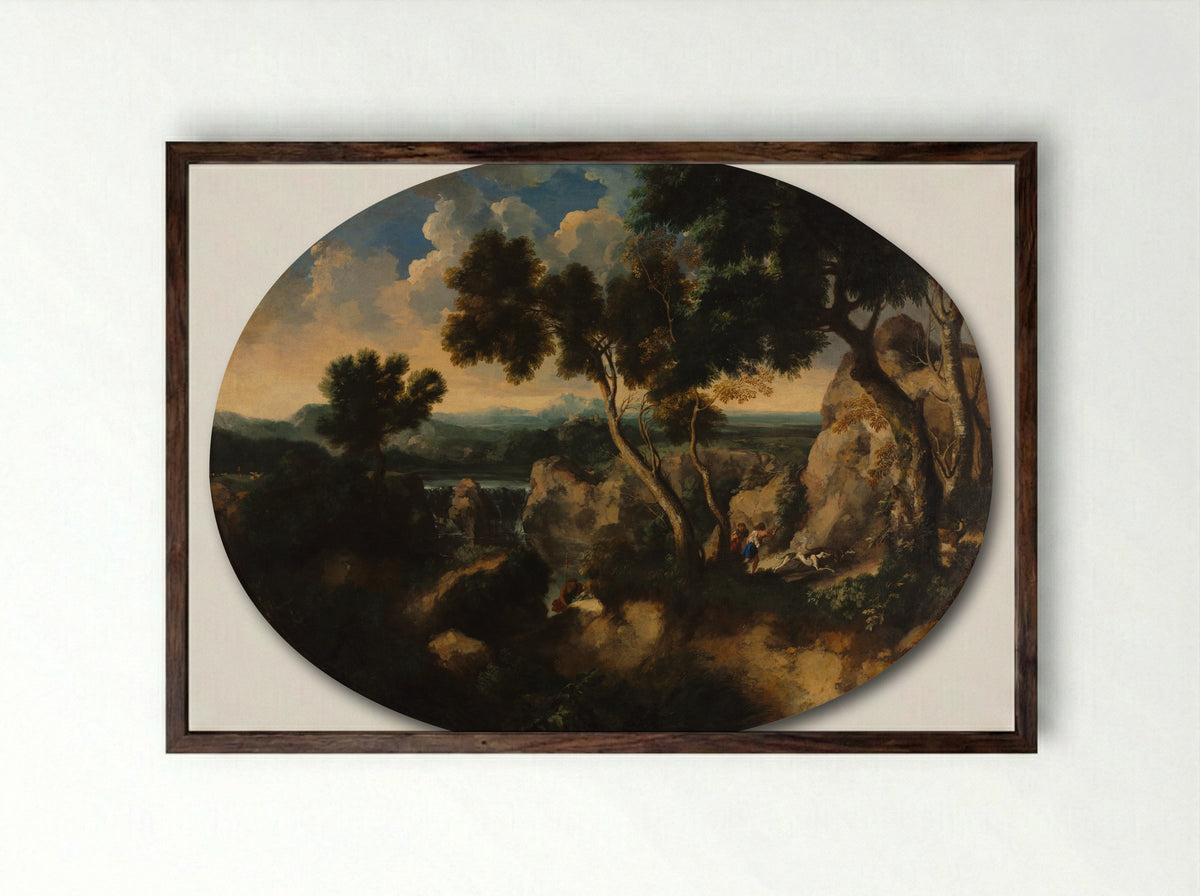 Rocky Landscape with Hunters - Gaspard Dughet - Framed Print Dark Wood