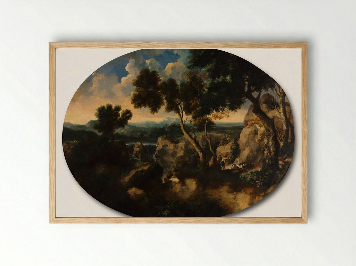 Rocky Landscape with Hunters - Gaspard Dughet - Framed Print Wood