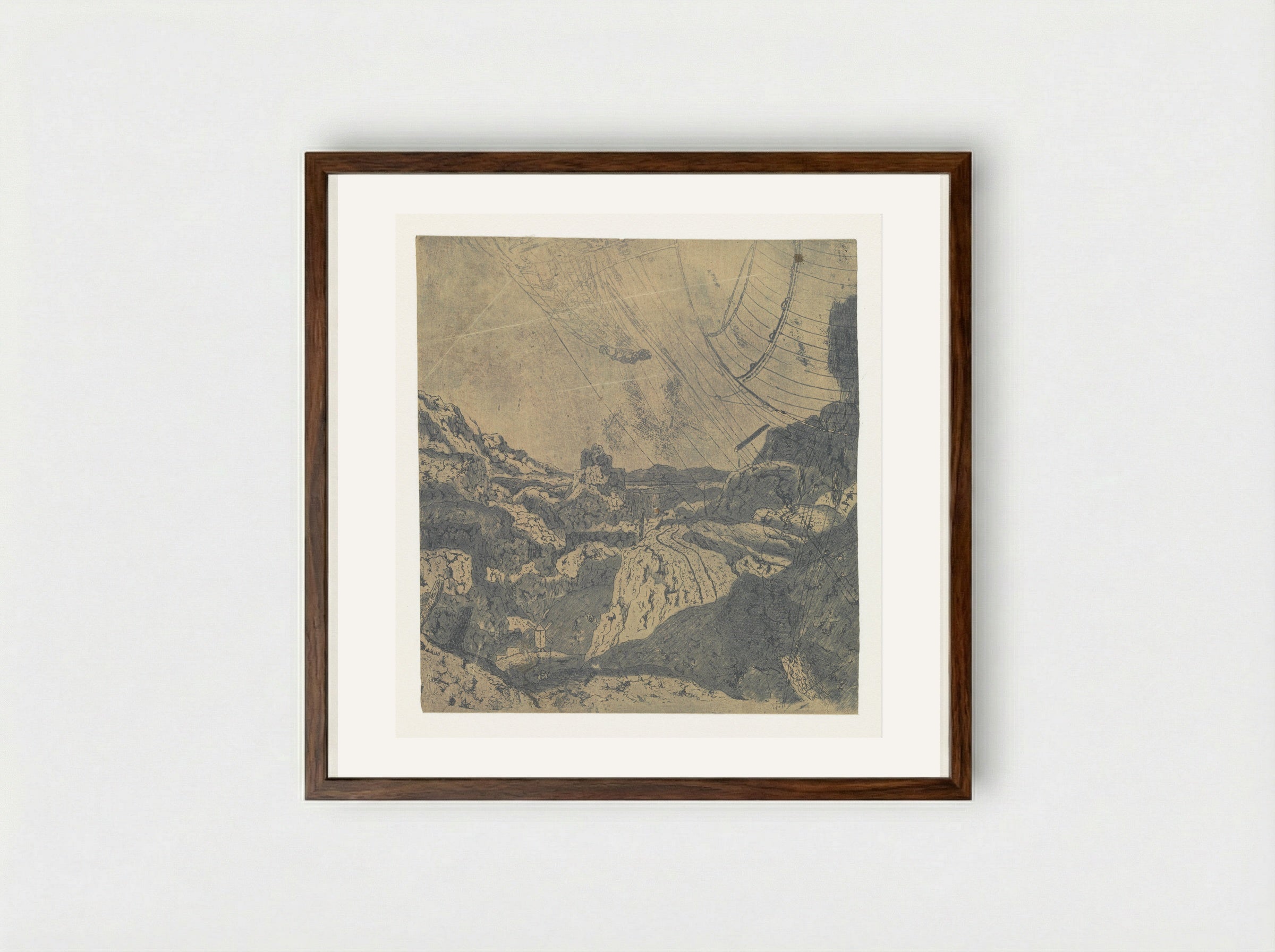 Rocky Landscape with a Gorge, First Version - Hercules Segers - Framed Print Dark Wood