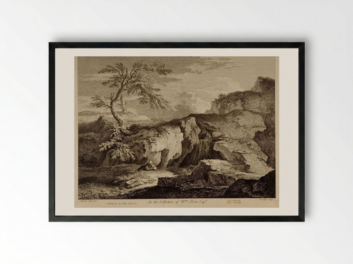 Rocky Landscape with a Hermit Reading - John Wood - Framed Print Black