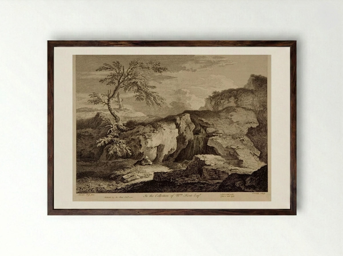 Rocky Landscape with a Hermit Reading - John Wood - Framed Print Dark Wood
