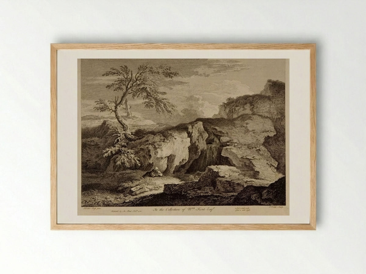 Rocky Landscape with a Hermit Reading - John Wood - Framed Print Wood