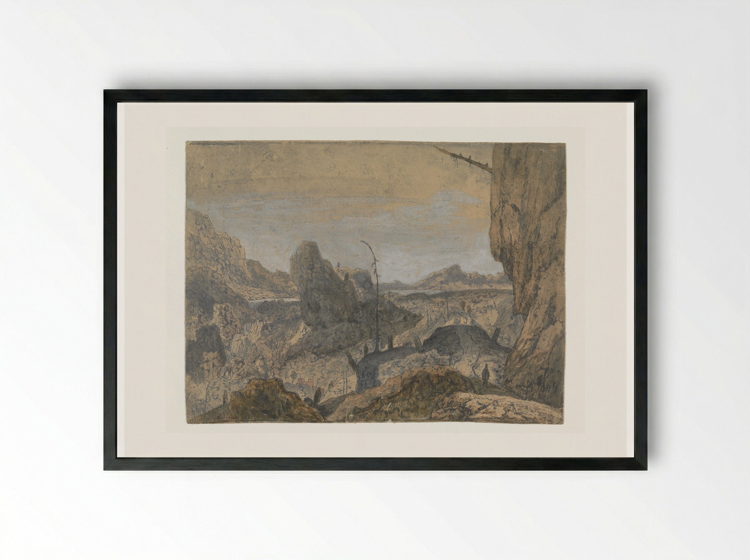 Rocky Landscape with a Man Walking to the Right, First Version - Hercules Segers - Framed Print Black