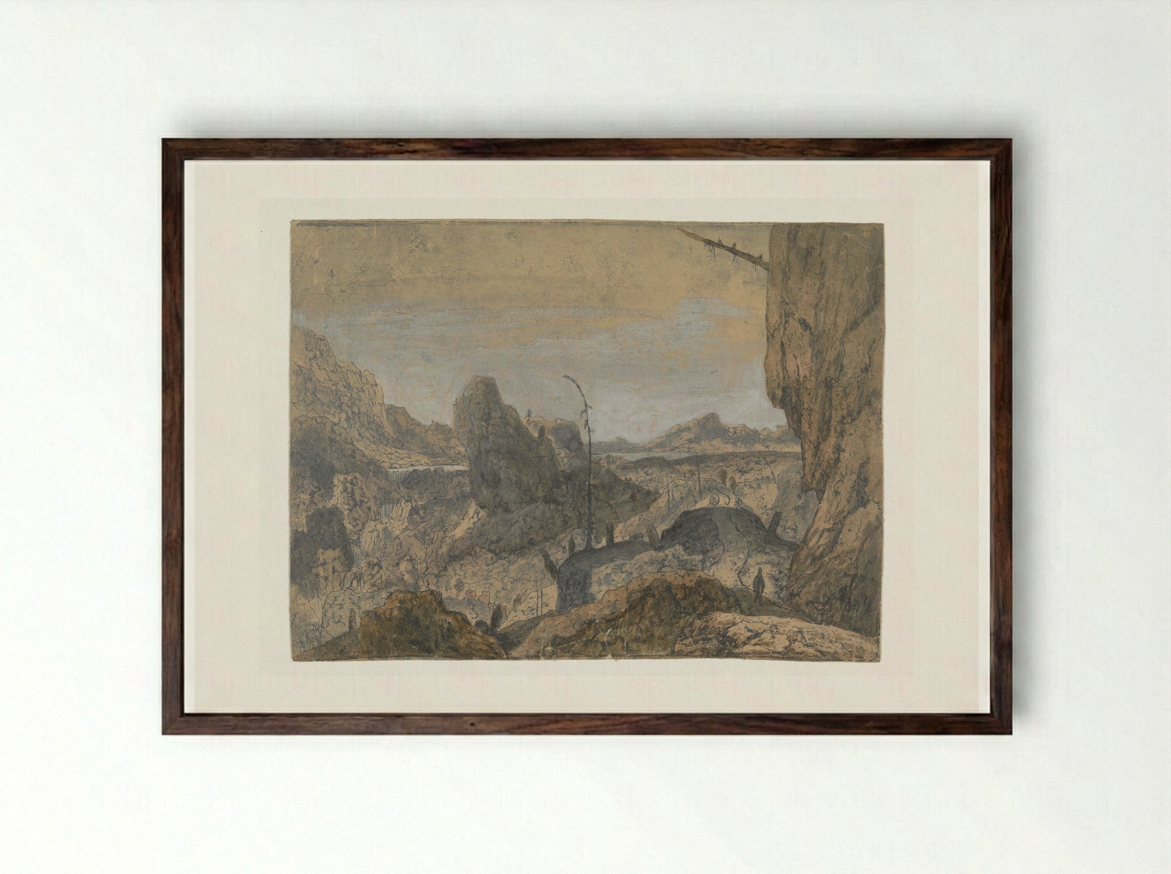 Rocky Landscape with a Man Walking to the Right, First Version - Hercules Segers - Framed Print Dark Wood