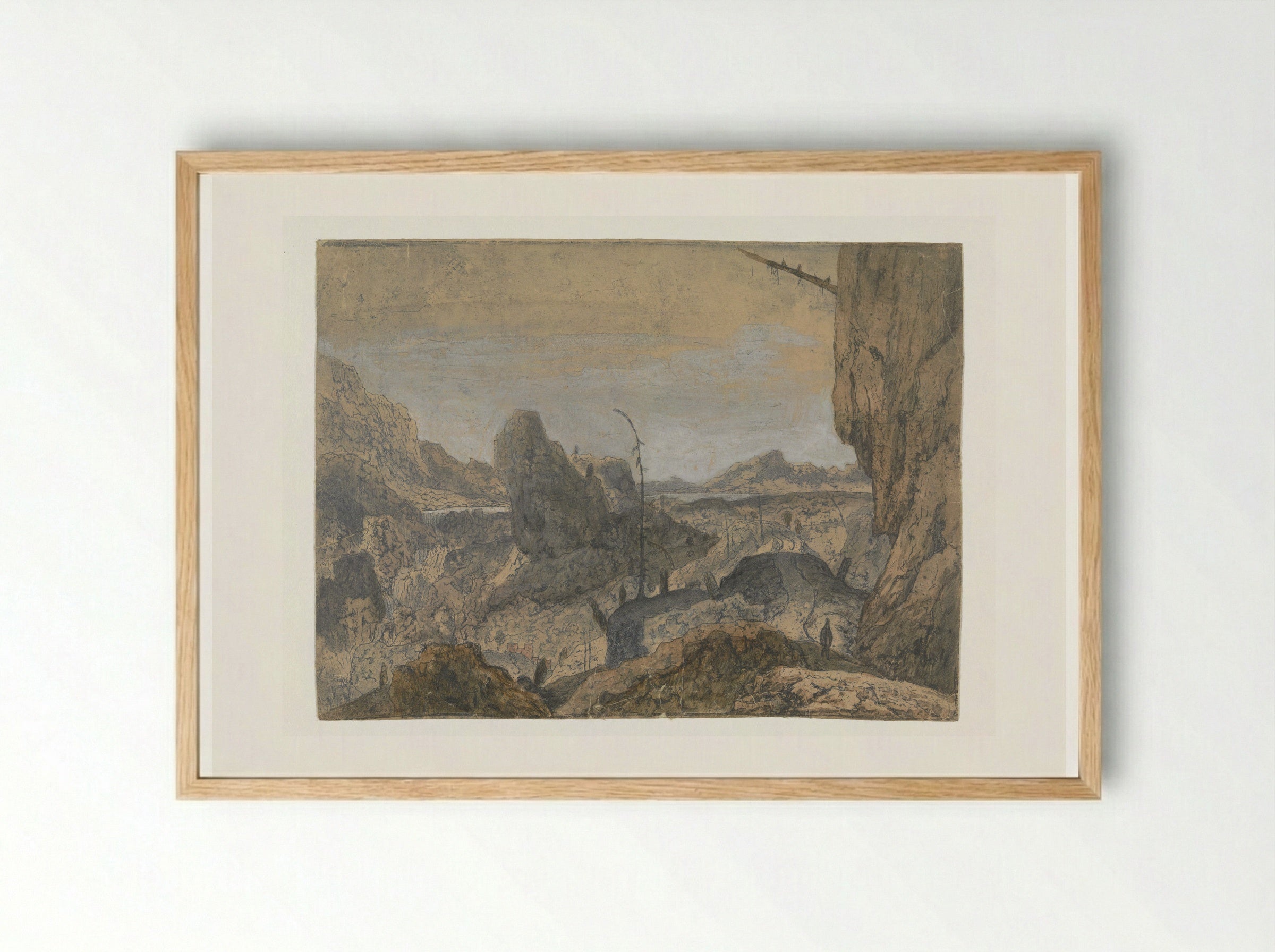 Rocky Landscape with a Man Walking to the Right, First Version - Hercules Segers - Framed Print Wood