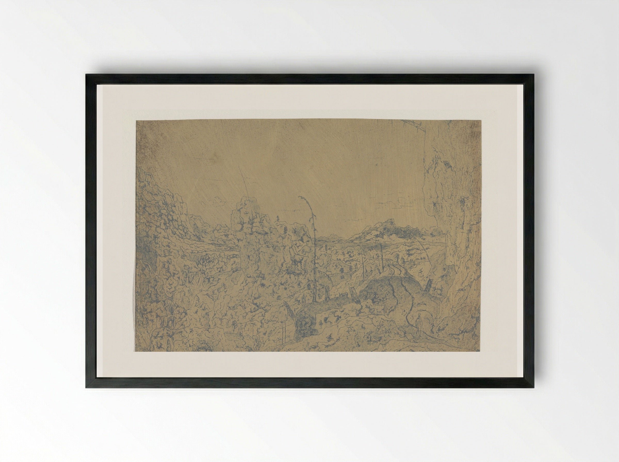Rocky Landscape with a Wanderer, First Version - Hercules Segers - Framed Print Black
