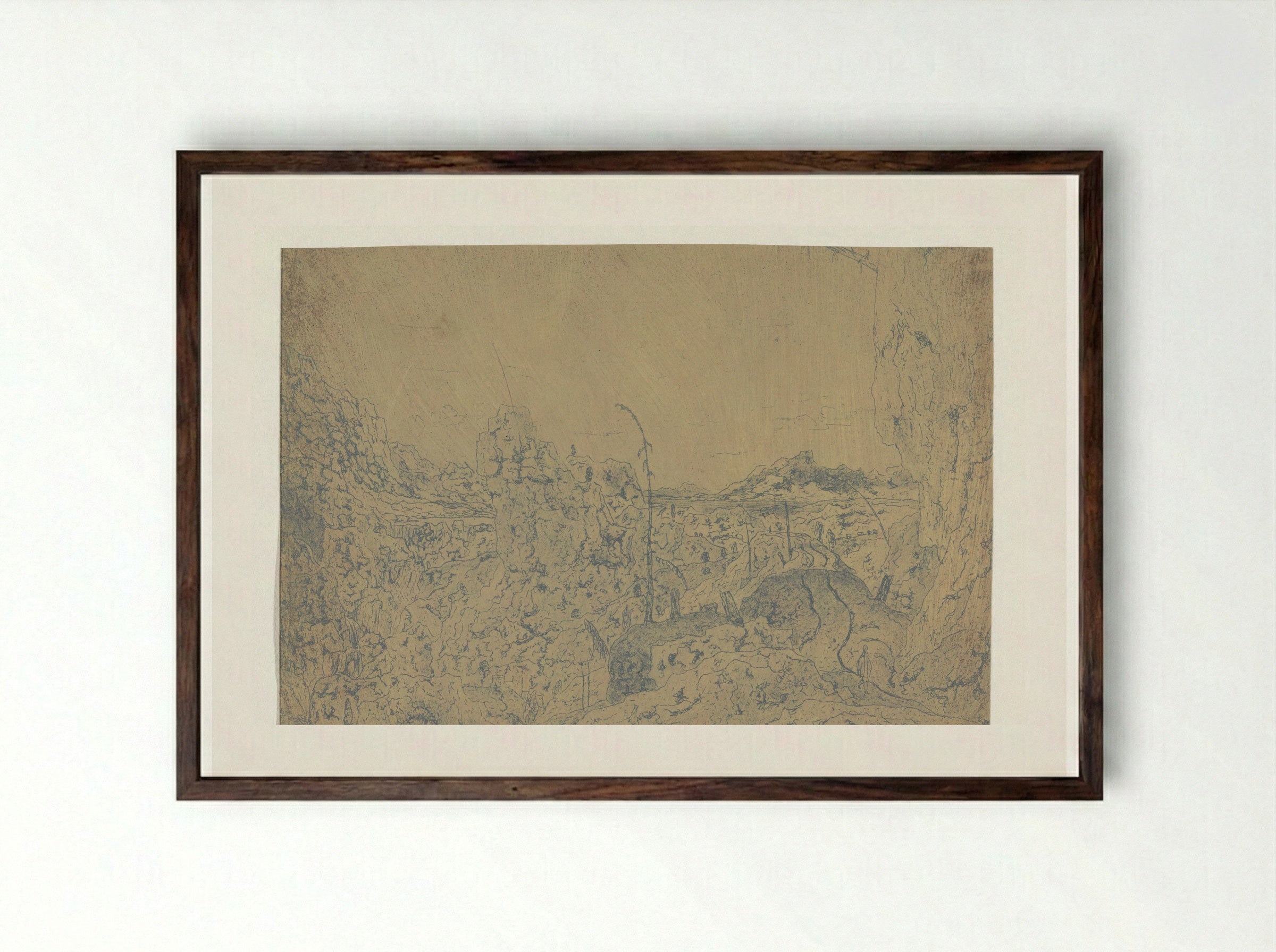 Rocky Landscape with a Wanderer, First Version - Hercules Segers - Framed Print Dark Wood