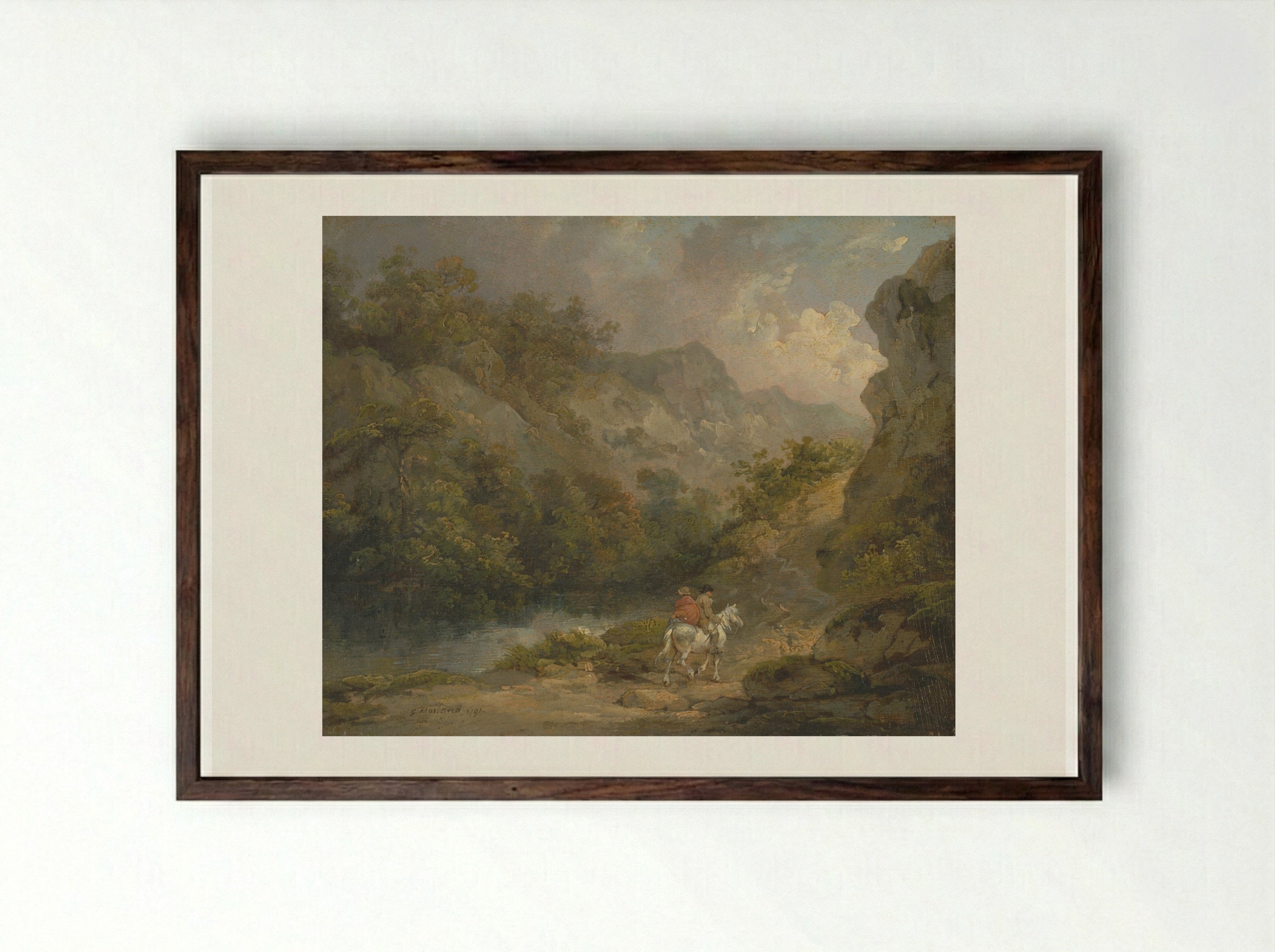 Rocky River Scene with Travellers - George Morland - Framed Print Dark Wood