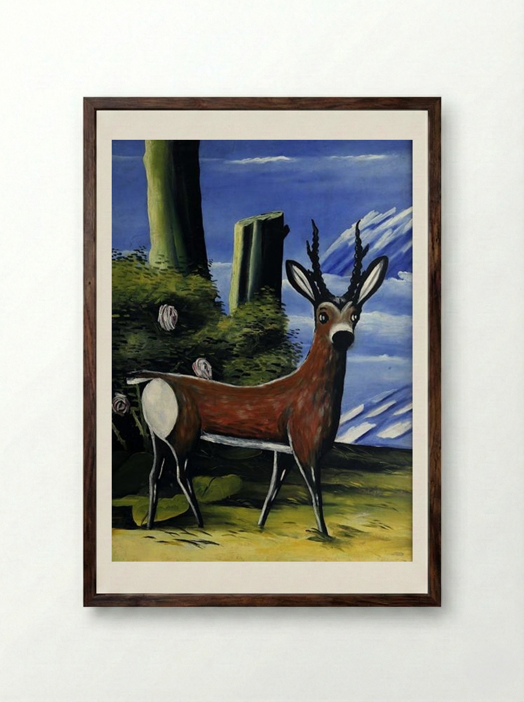 Roe deer with a Landscape in the Background - Niko Pirosmani - Framed Print Dark Wood