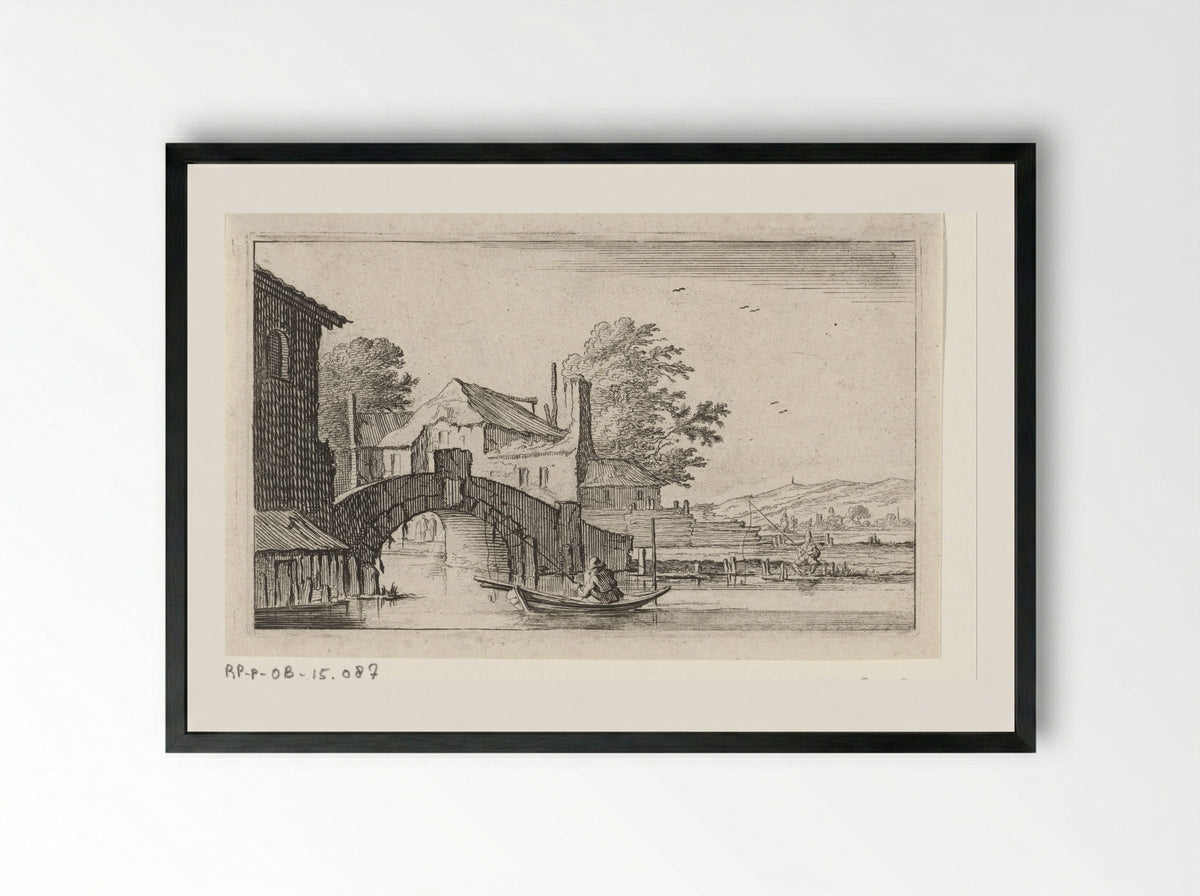 Roeiboot voor een stenen brug - Gillis van Scheyndel (I) - Framed Print Black