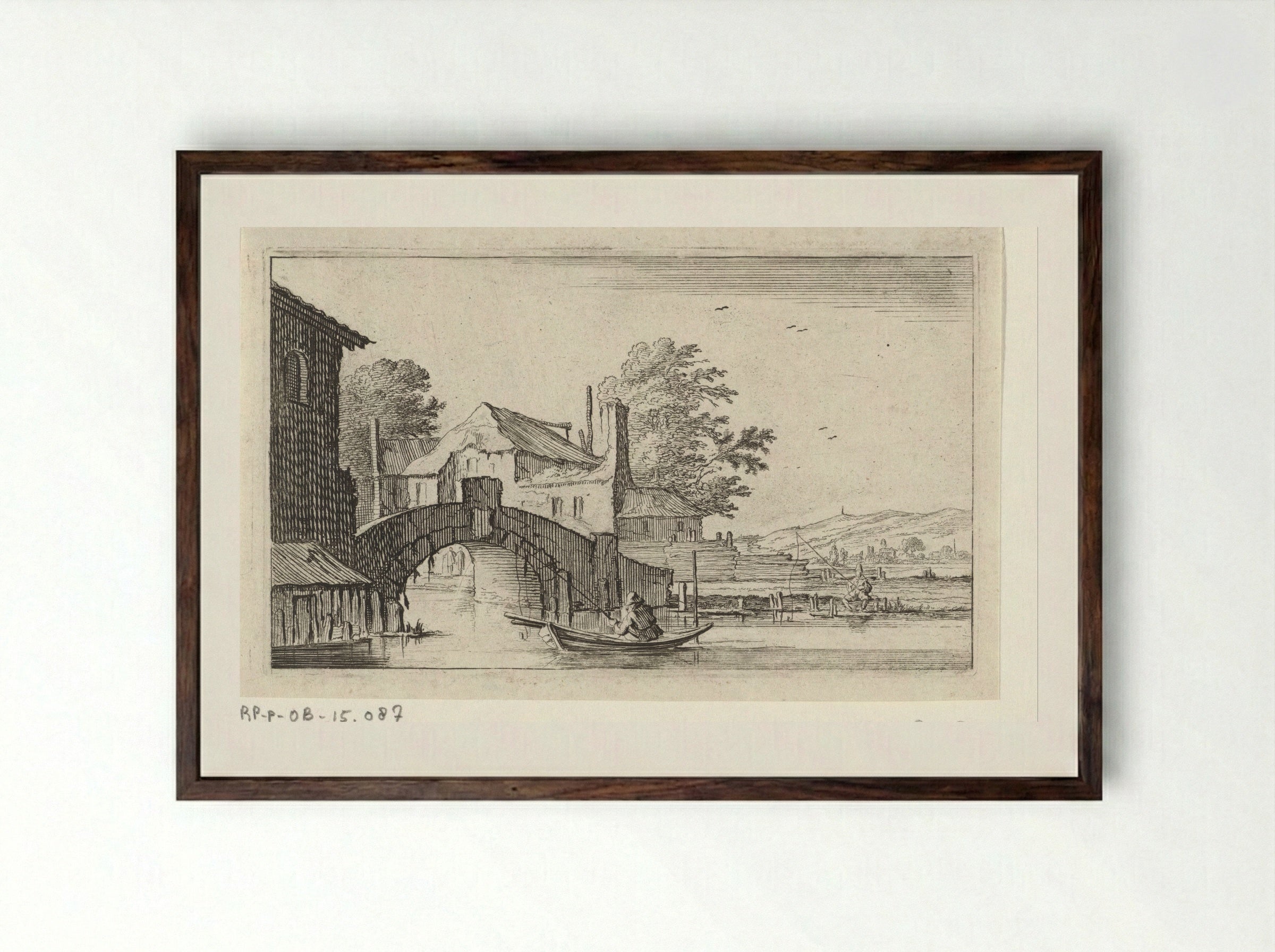 Roeiboot voor een stenen brug - Gillis van Scheyndel (I) - Framed Print Dark Wood