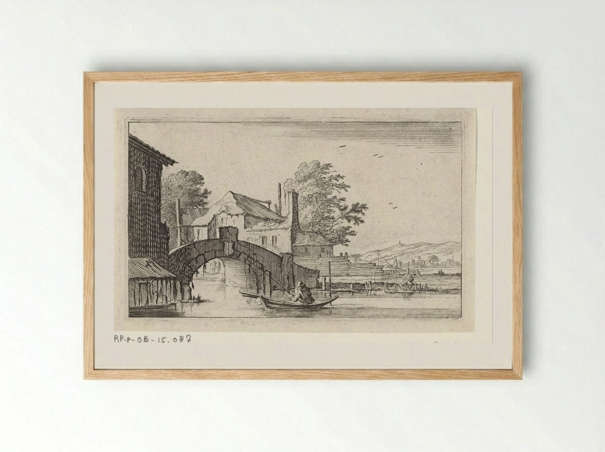Roeiboot voor een stenen brug - Gillis van Scheyndel (I) - Framed Print Wood