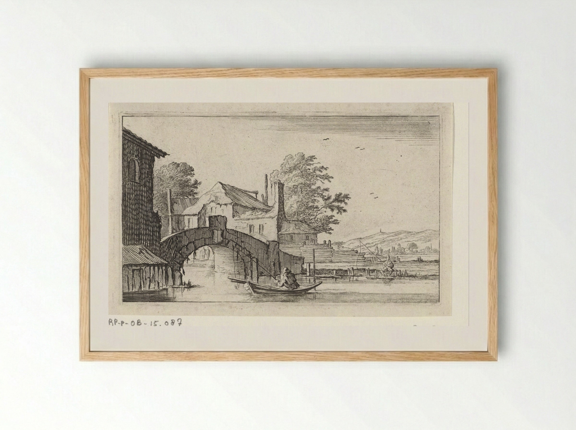 Roeiboot voor een stenen brug - Gillis van Scheyndel (I) - Framed Print Wood