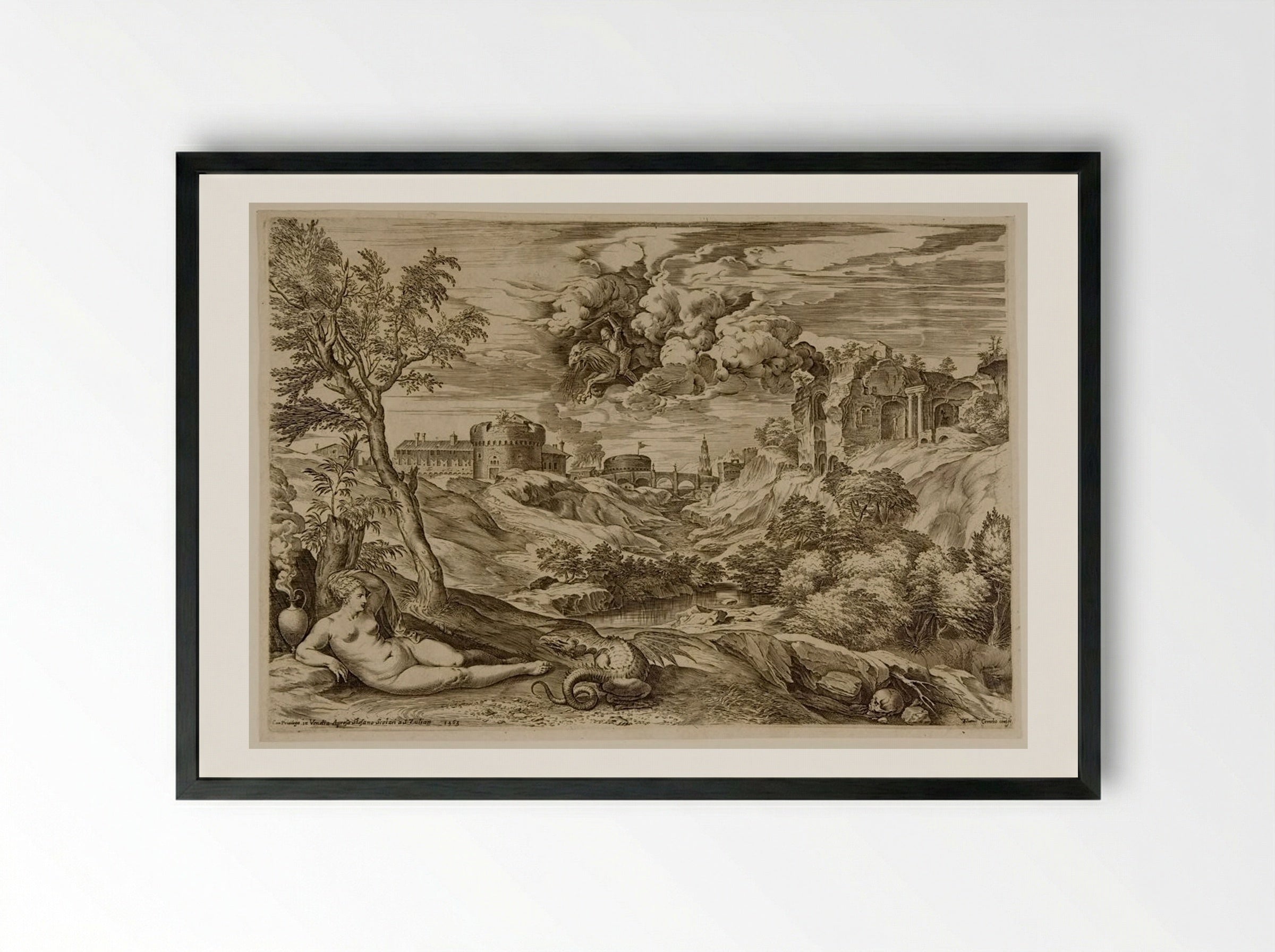 Rogero Liberating Angelica from the Dragon - Cornelis Cort - Framed Print Black