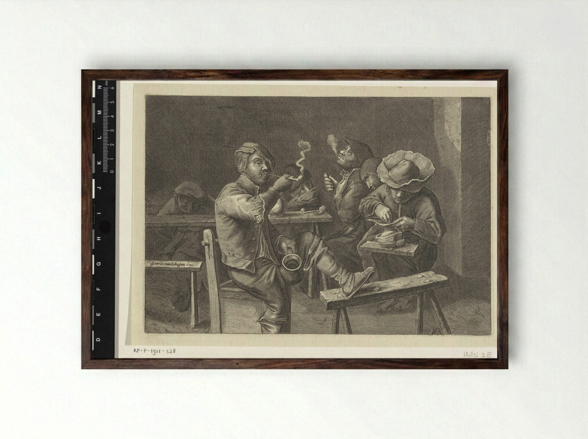 Rokende boeren rond een tafel - Gerrit Lucasz van Schagen - Framed Print Dark Wood