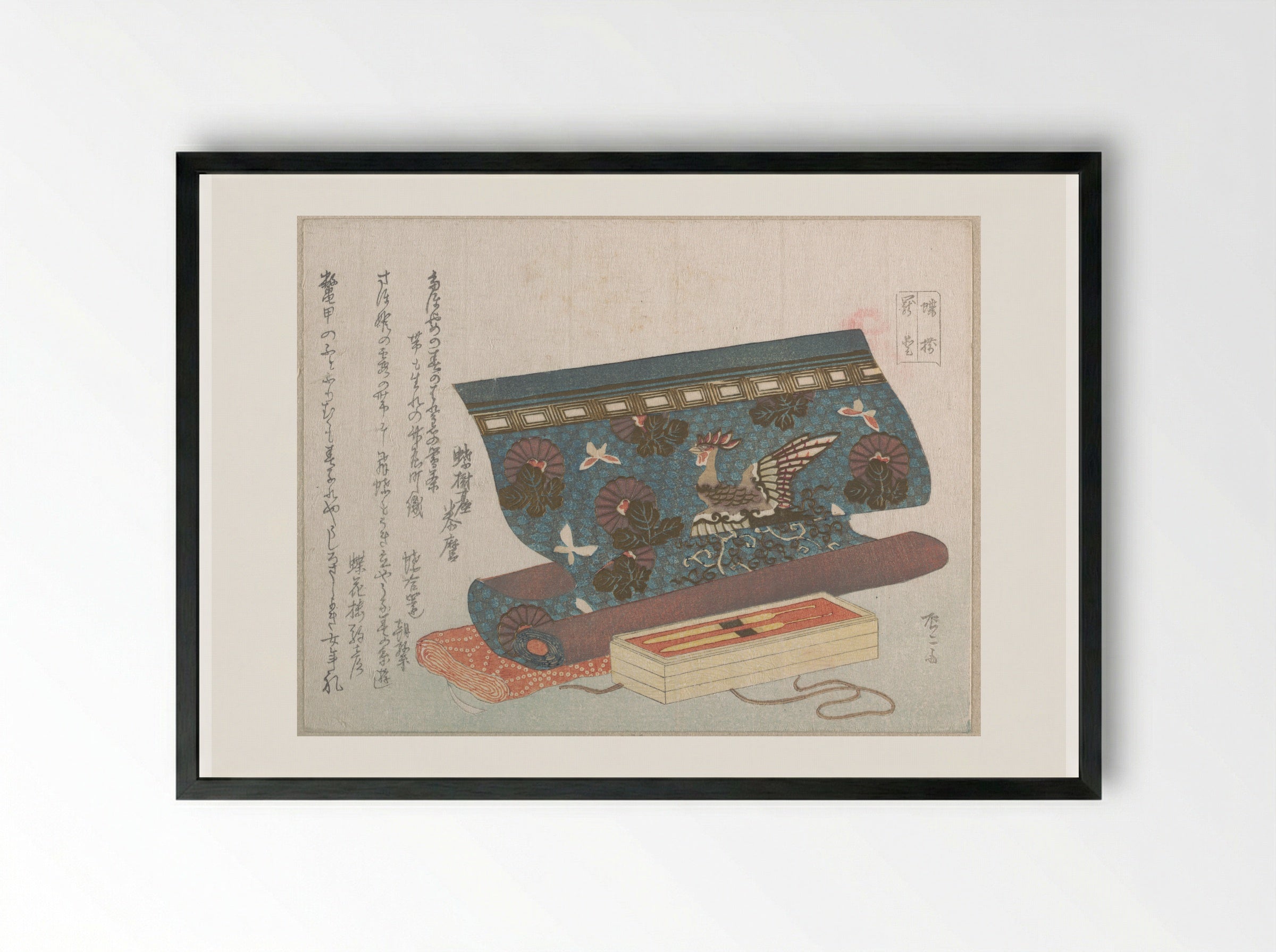 Roll of Cloth for an Obi and Tortoise-shell Hair Ornaments - Ryūryūkyo Shinsai - Framed Print Black