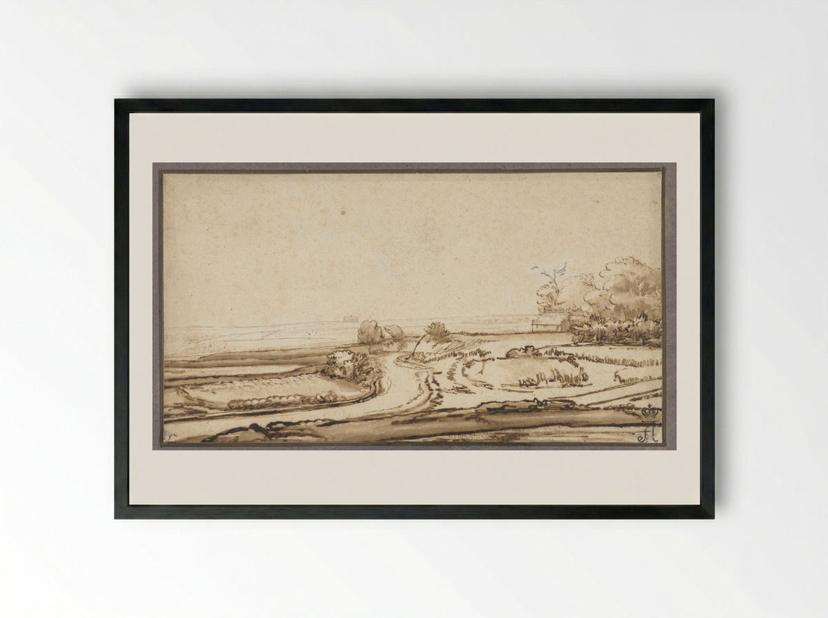 Rolling Landscape with Road and House at the Edge of a Wood - Abraham Furnerius - Framed Print Black