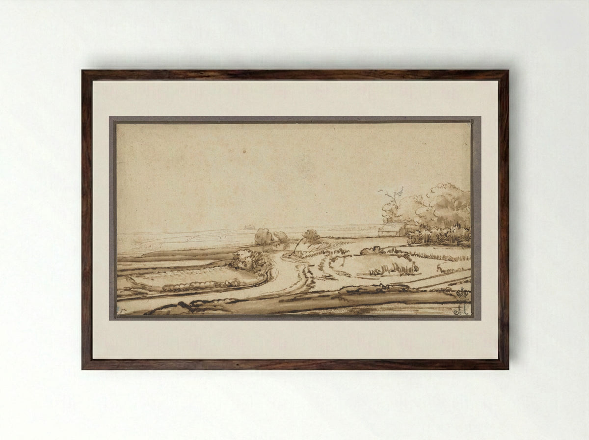 Rolling Landscape with Road and House at the Edge of a Wood - Abraham Furnerius - Framed Print Dark Wood