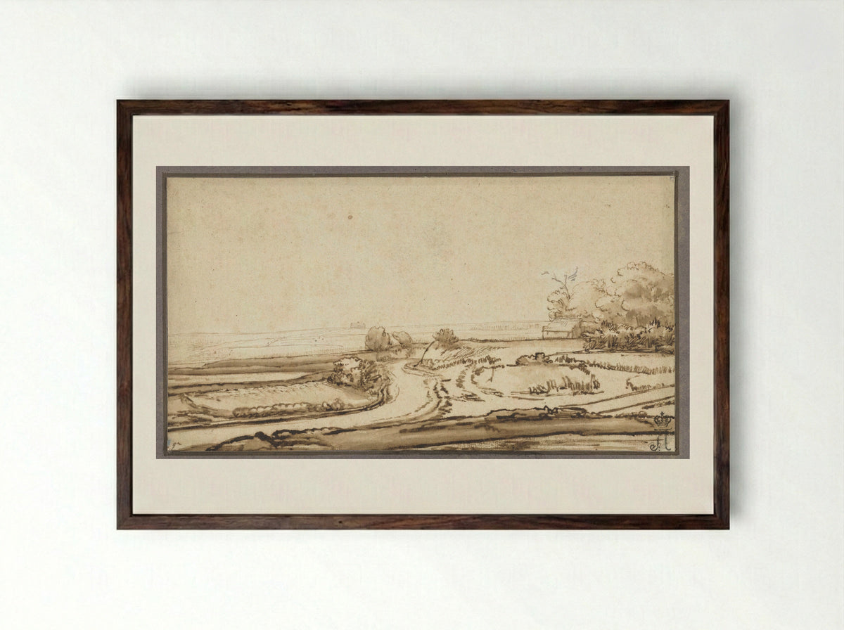 Rolling Landscape with Road and House at the Edge of a Wood - Abraham Furnerius - Framed Print Dark Wood