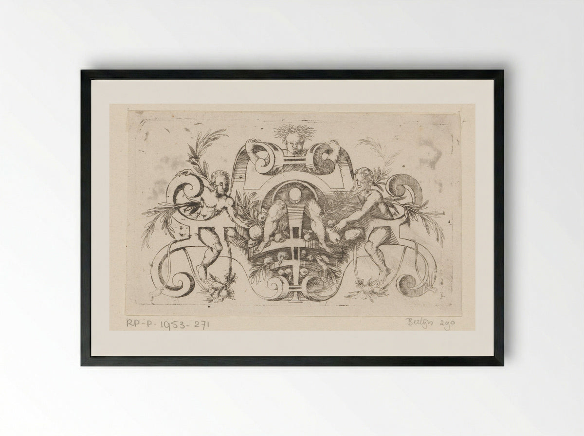 Rolwerk met fruit en figuren - Jacques Androuet du Cerceau - Framed Print Black