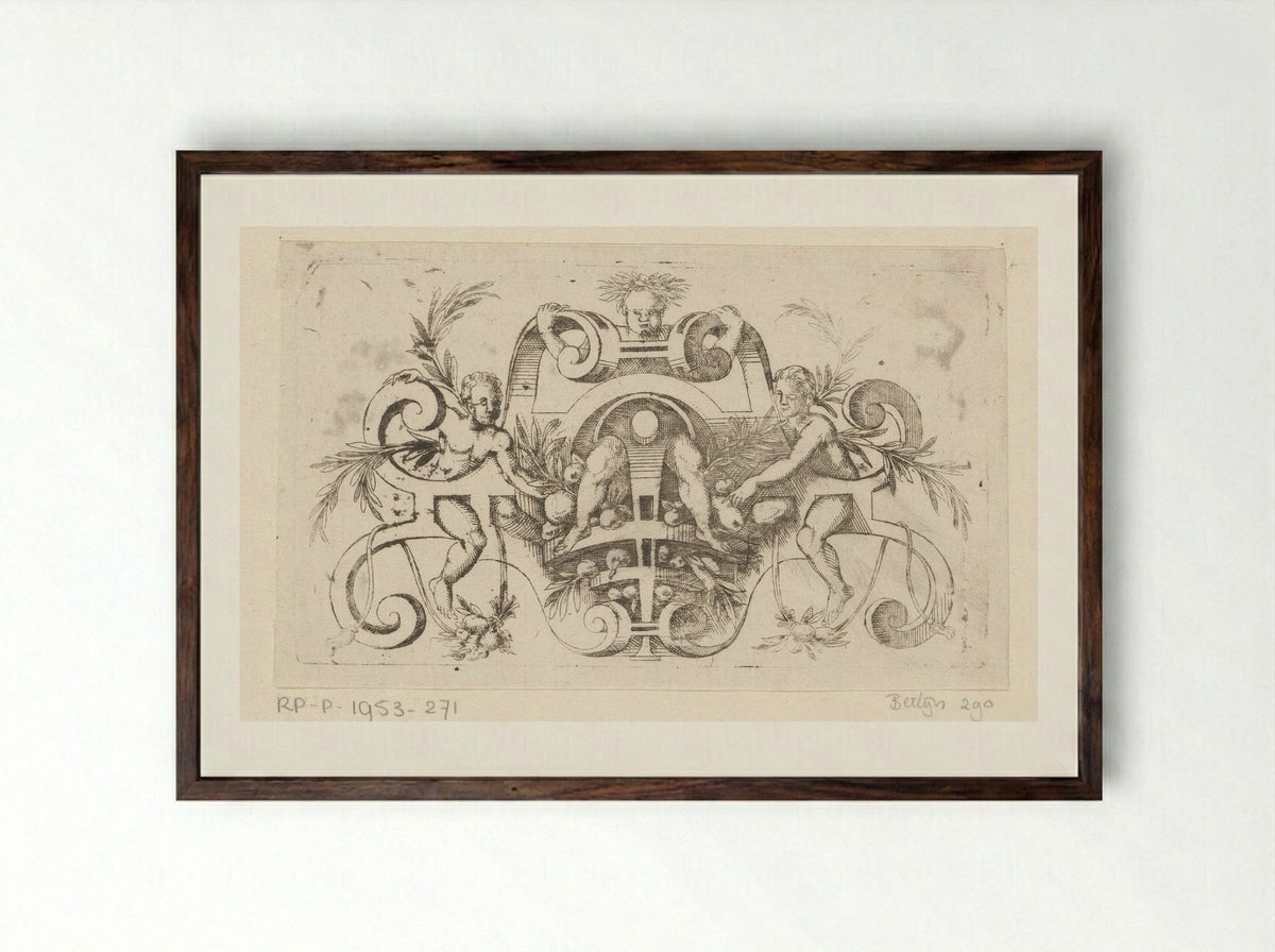 Rolwerk met fruit en figuren - Jacques Androuet du Cerceau - Framed Print Dark Wood