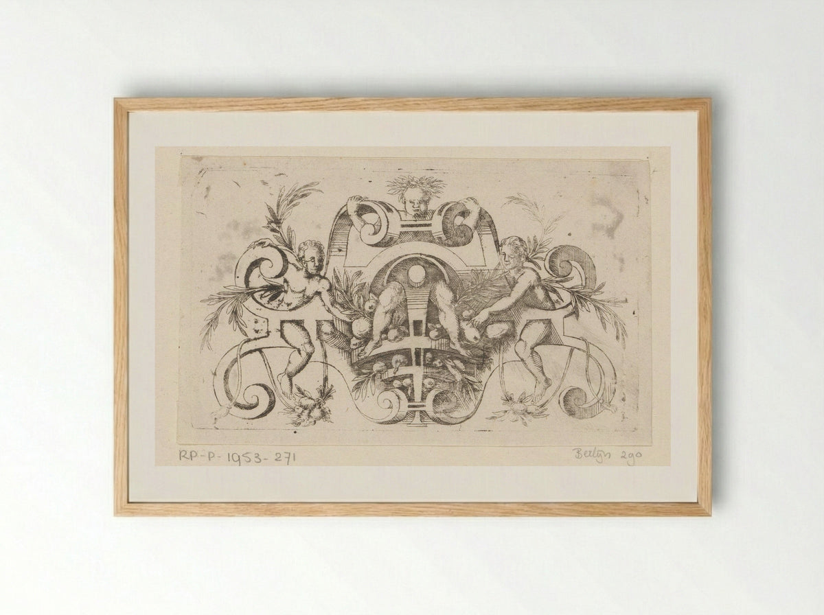 Rolwerk met fruit en figuren - Jacques Androuet du Cerceau - Framed Print Wood