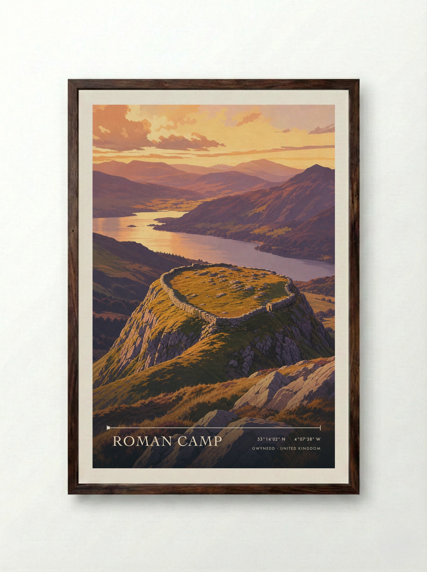 Roman Camp Gwynedd United Kingdom Travel Poster - Framed Print Dark Wood
