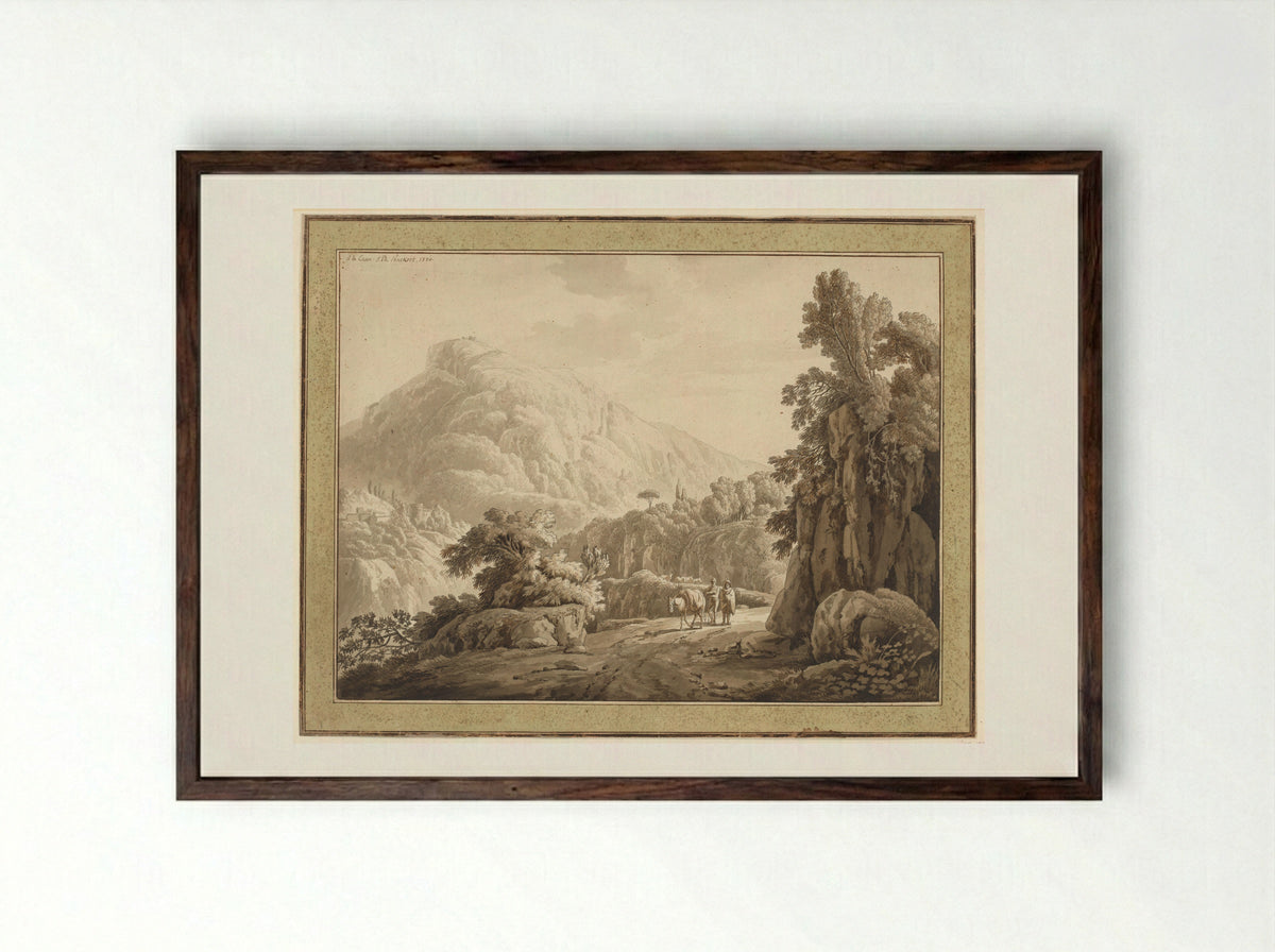 Roman Landscape with Mountain Road and Two Men with a Mule - Jacob Philipp Hackert - Framed Print Dark Wood