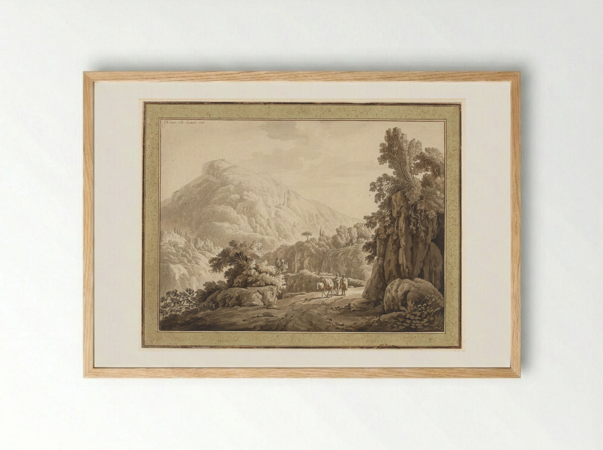 Roman Landscape with Mountain Road and Two Men with a Mule - Jacob Philipp Hackert - Framed Print Wood