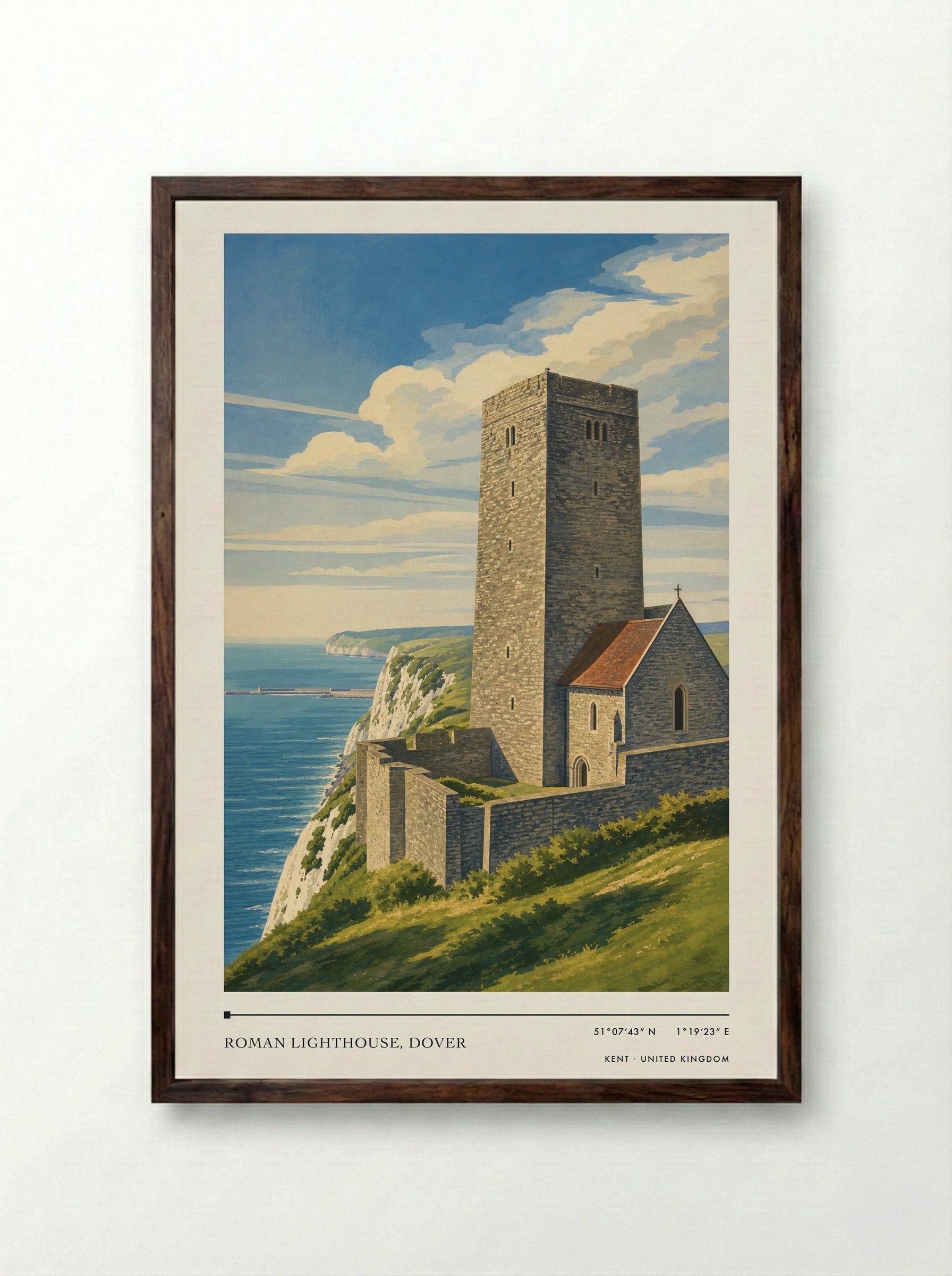 Roman Lighthouse, Dover Kent United Kingdom Travel Poster - Framed Print Dark Wood