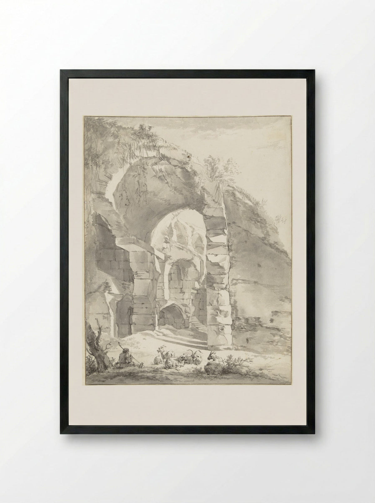 Roman Ruins with a Shepherd and a Flock of Sheep and Goats - Willem Romeyn - Framed Print Black