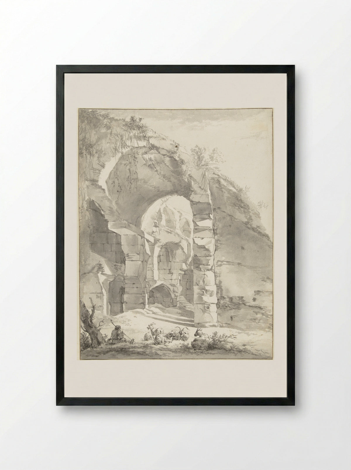 Roman Ruins with a Shepherd and a Flock of Sheep and Goats - Willem Romeyn - Framed Print Black