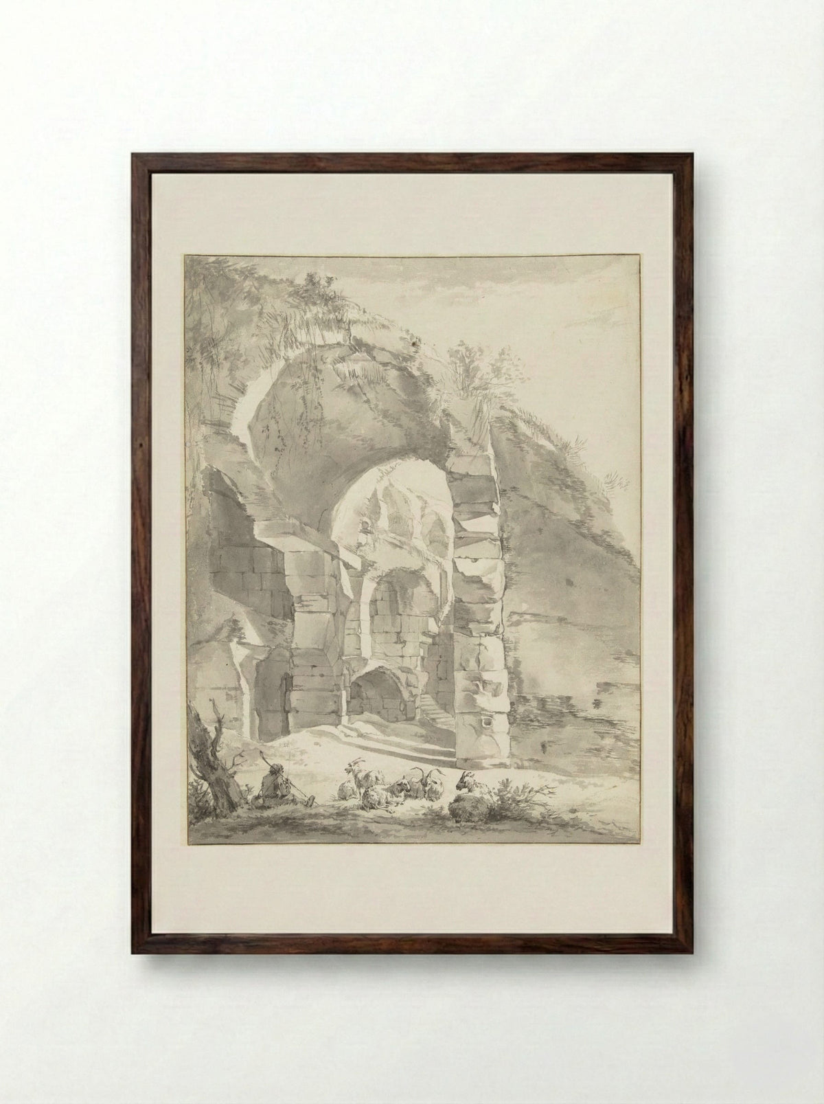 Roman Ruins with a Shepherd and a Flock of Sheep and Goats - Willem Romeyn - Framed Print Dark Wood