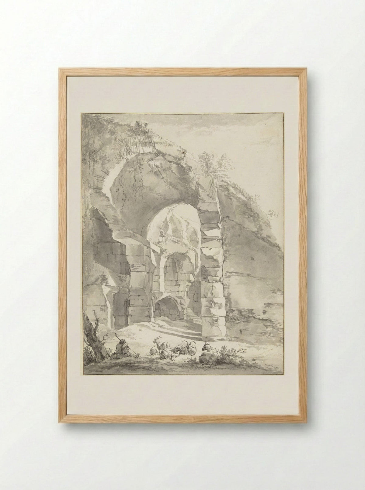 Roman Ruins with a Shepherd and a Flock of Sheep and Goats - Willem Romeyn - Framed Print Wood