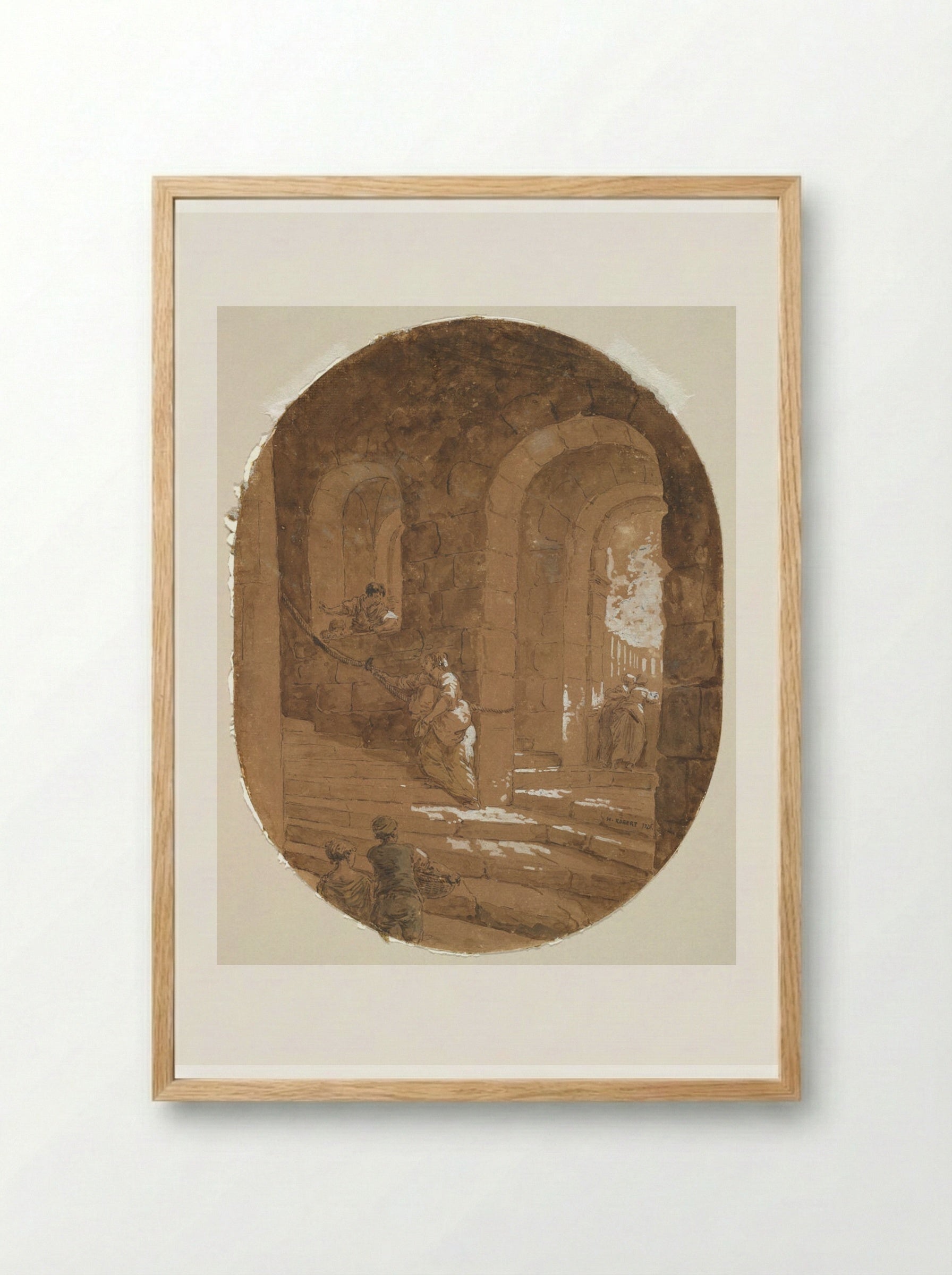 Roman Staircase with Figures - Hubert Robert - Framed Print Wood