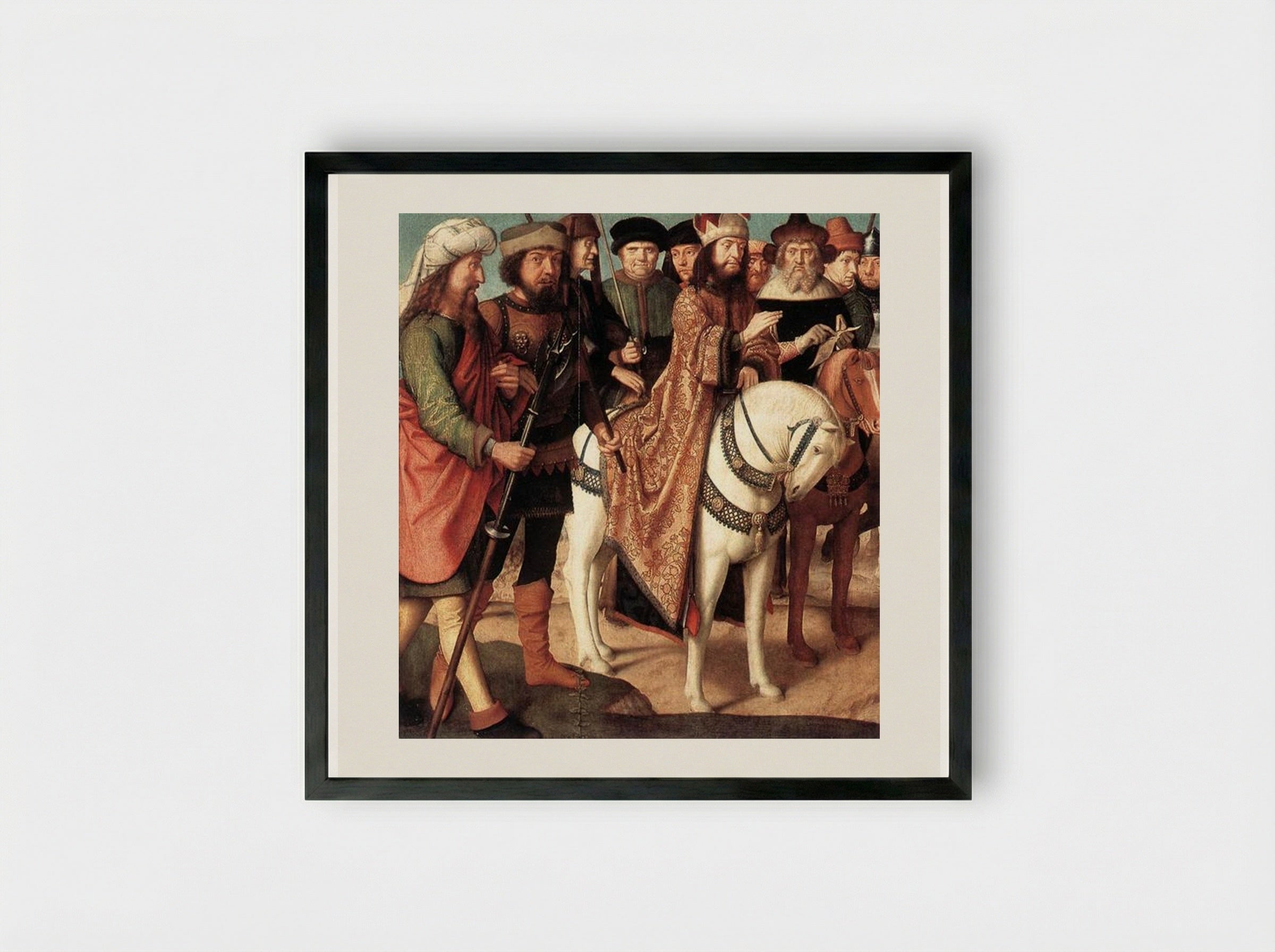 Roman soldiers and Jewish judges (left wing from the Triptych of the Crucifixion) - Gerard David - Framed Print Black