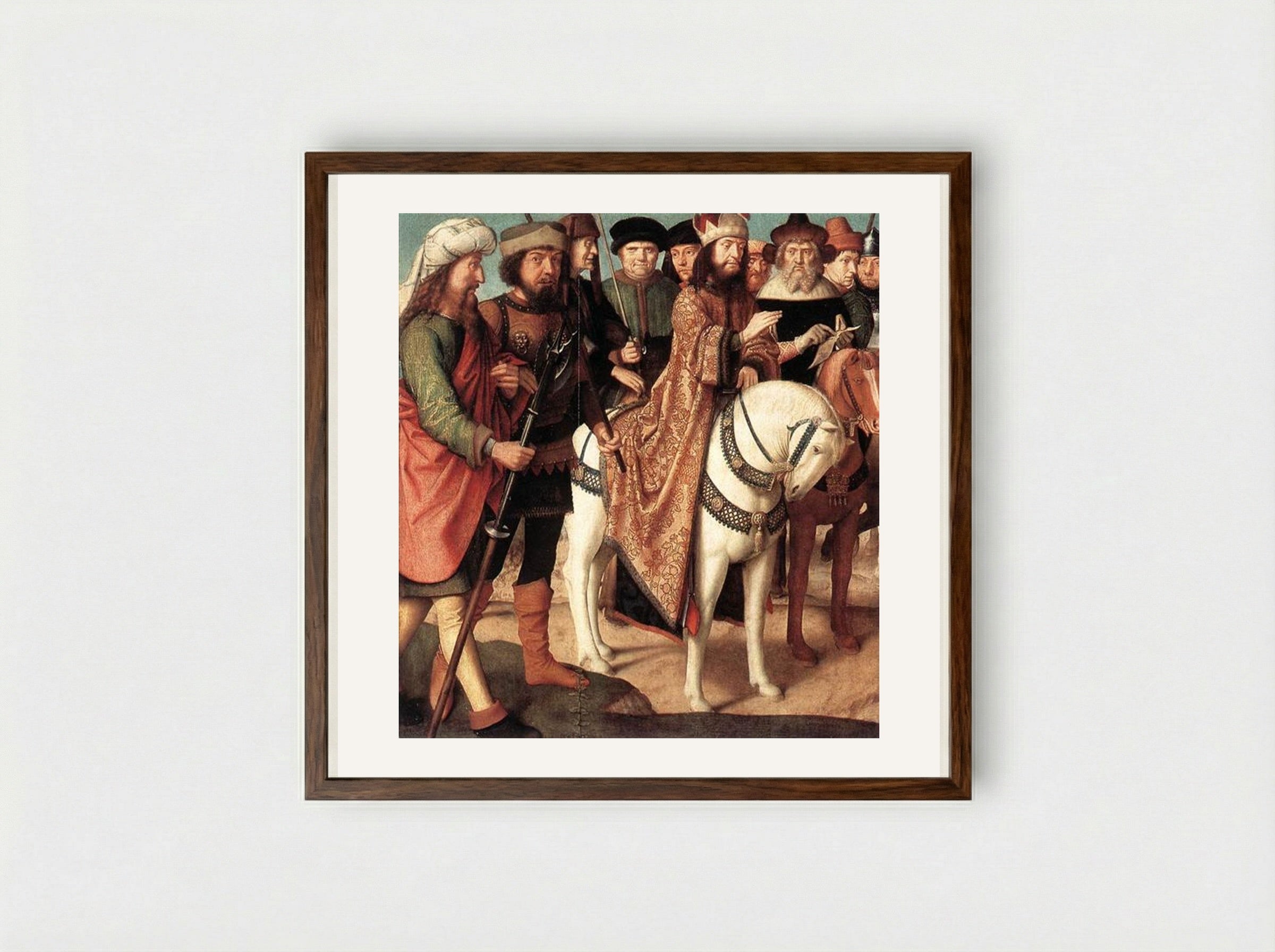 Roman soldiers and Jewish judges (left wing from the Triptych of the Crucifixion) - Gerard David - Framed Print Dark Wood